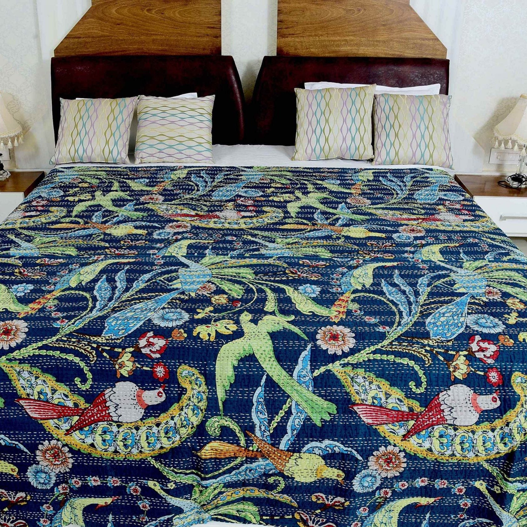 Linen Connections Handmade Indian Kantha Quilt - Navy Hues