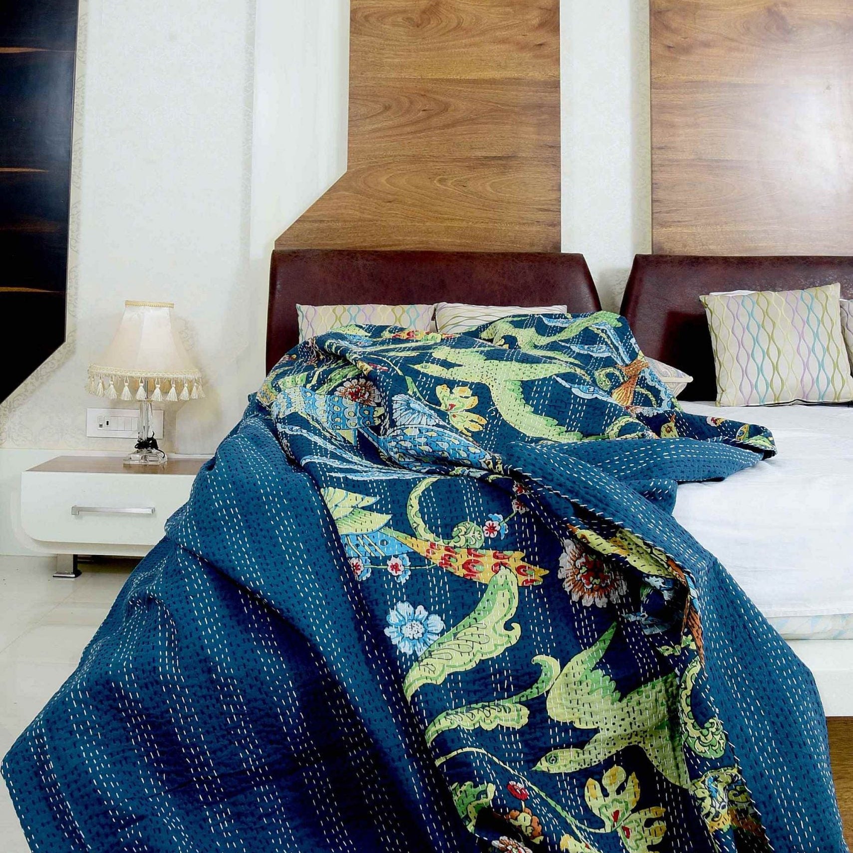 Linen Connections Handmade Indian Kantha Quilt - Navy Hues