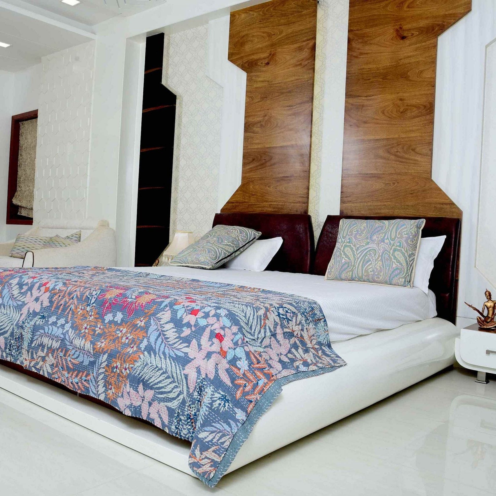 Linen Connections Handmade Indian Kantha Quilt -Blue Pastures