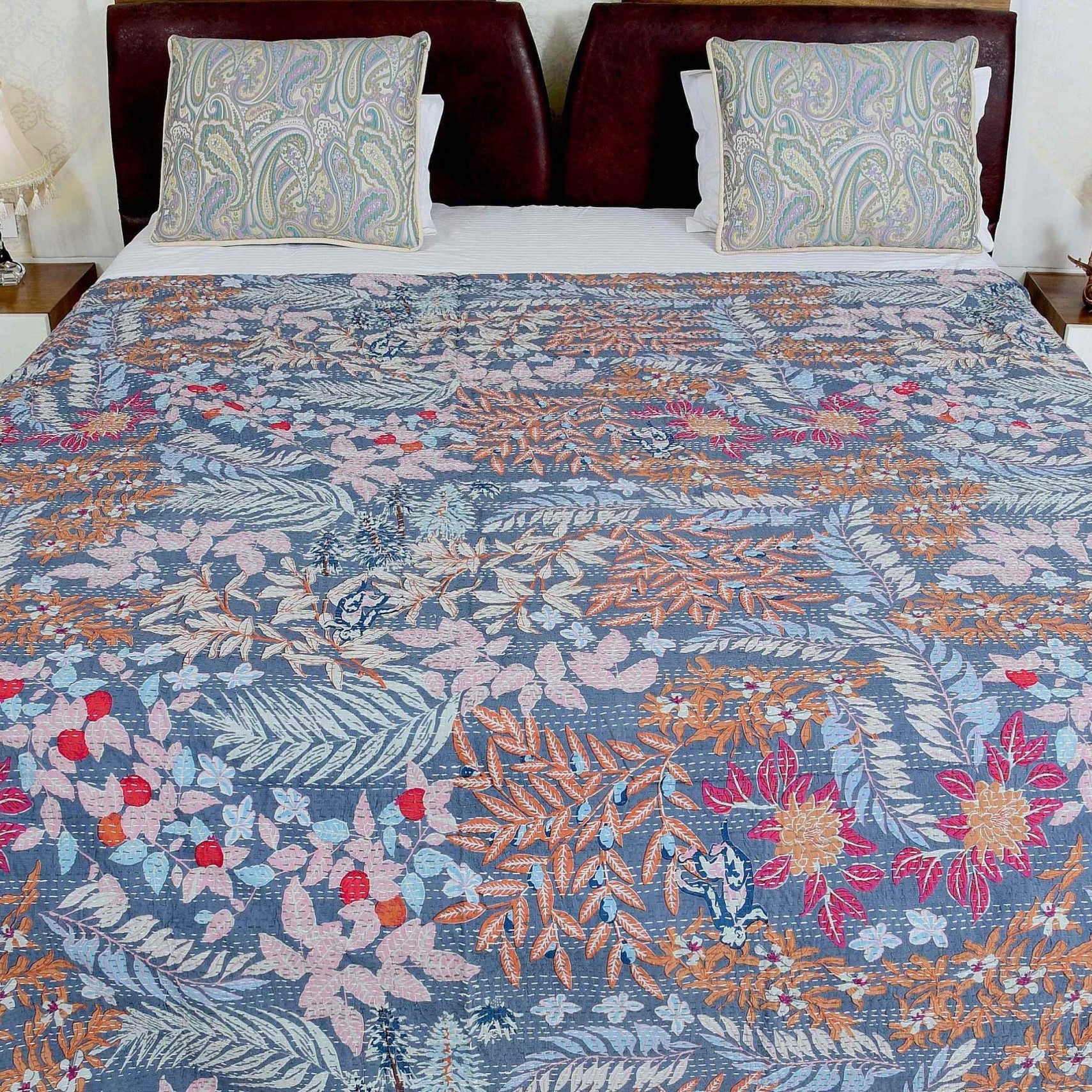 Linen Connections Handmade Indian Kantha Quilt -Blue Pastures