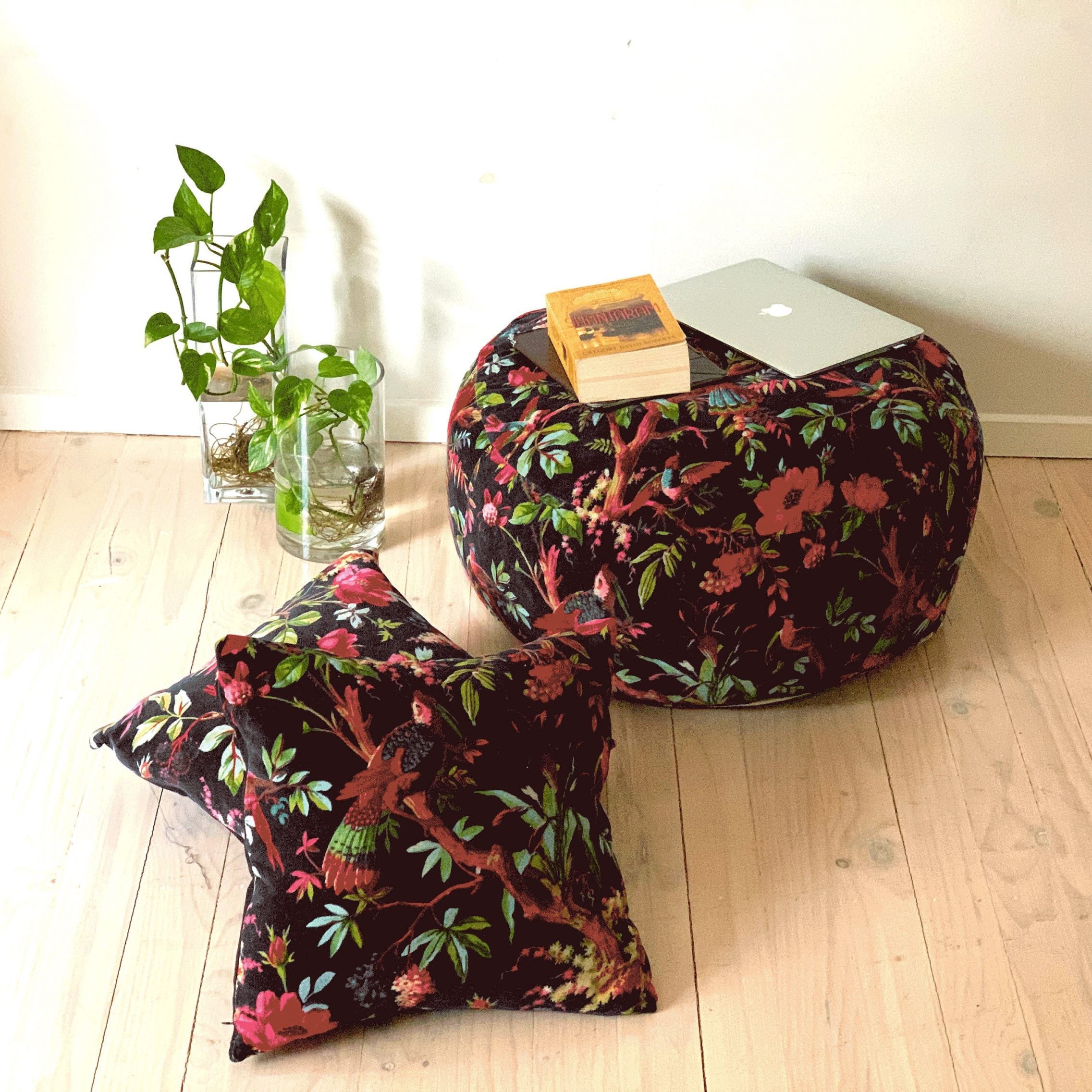 Bird & Floral Boho Floor Pouf | Decorative Ottoman Cushion