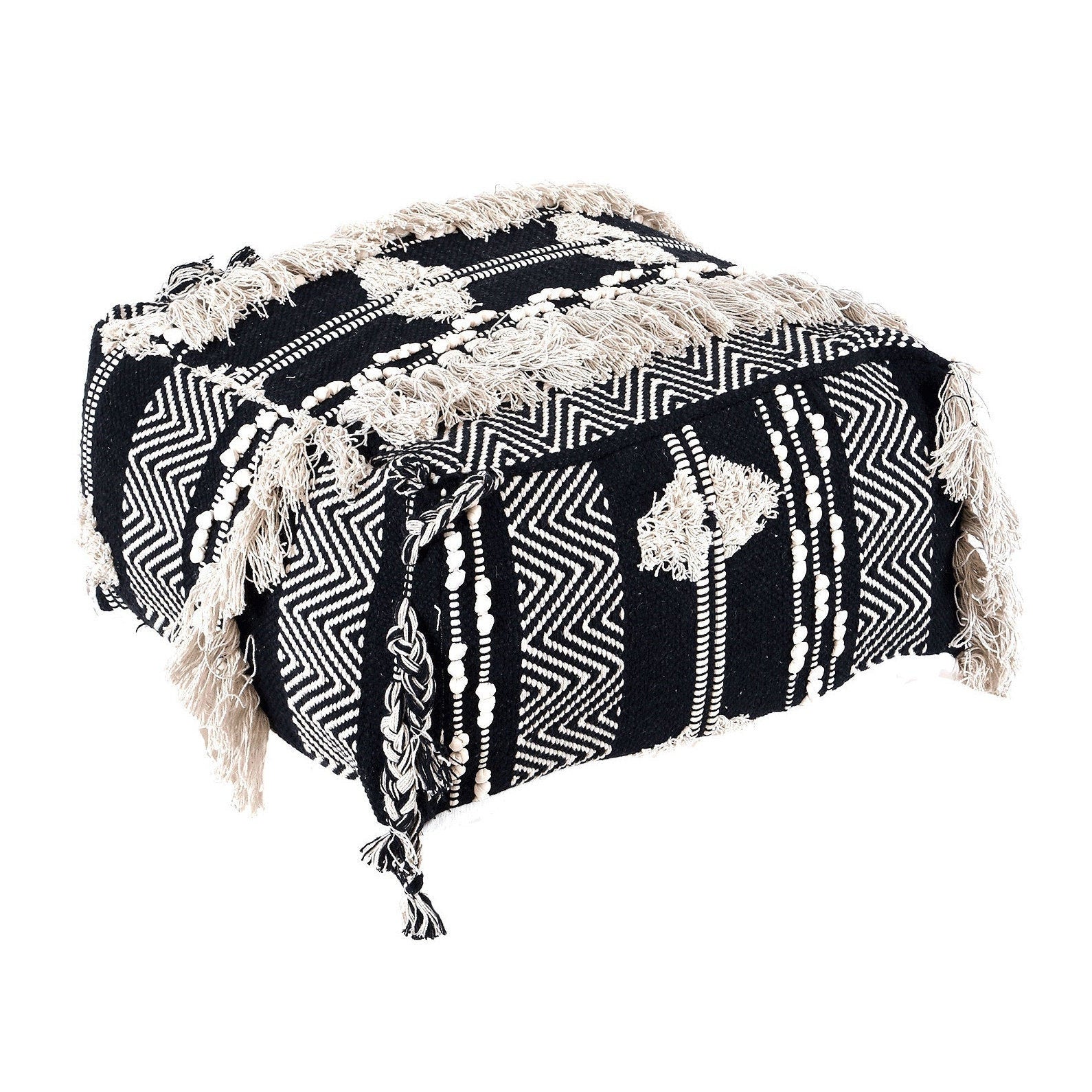Moroccan Ottoman Cushion Cover, Pouf - Black Tassel