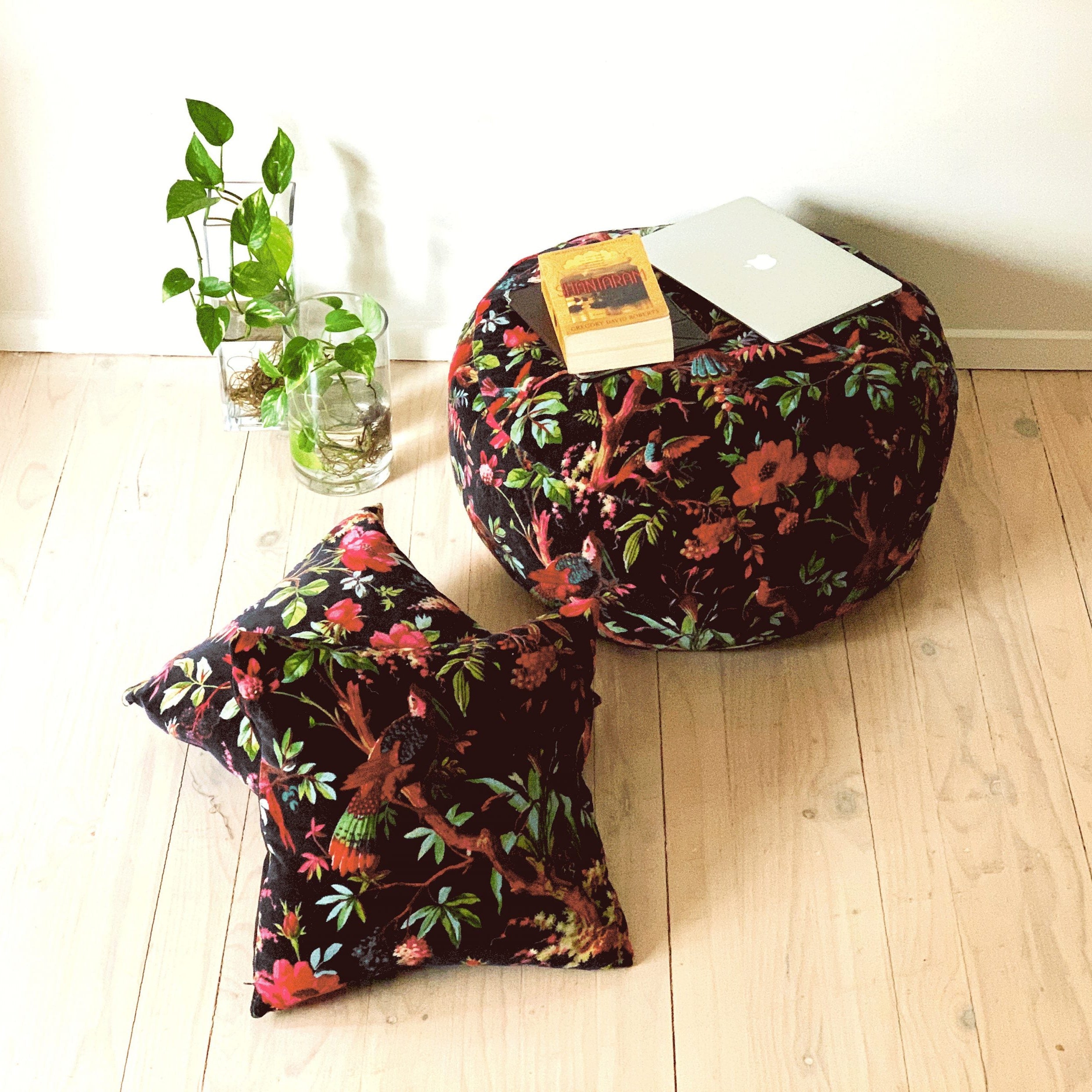 Bird & Floral Boho Floor Pouf | Decorative Ottoman Cushion