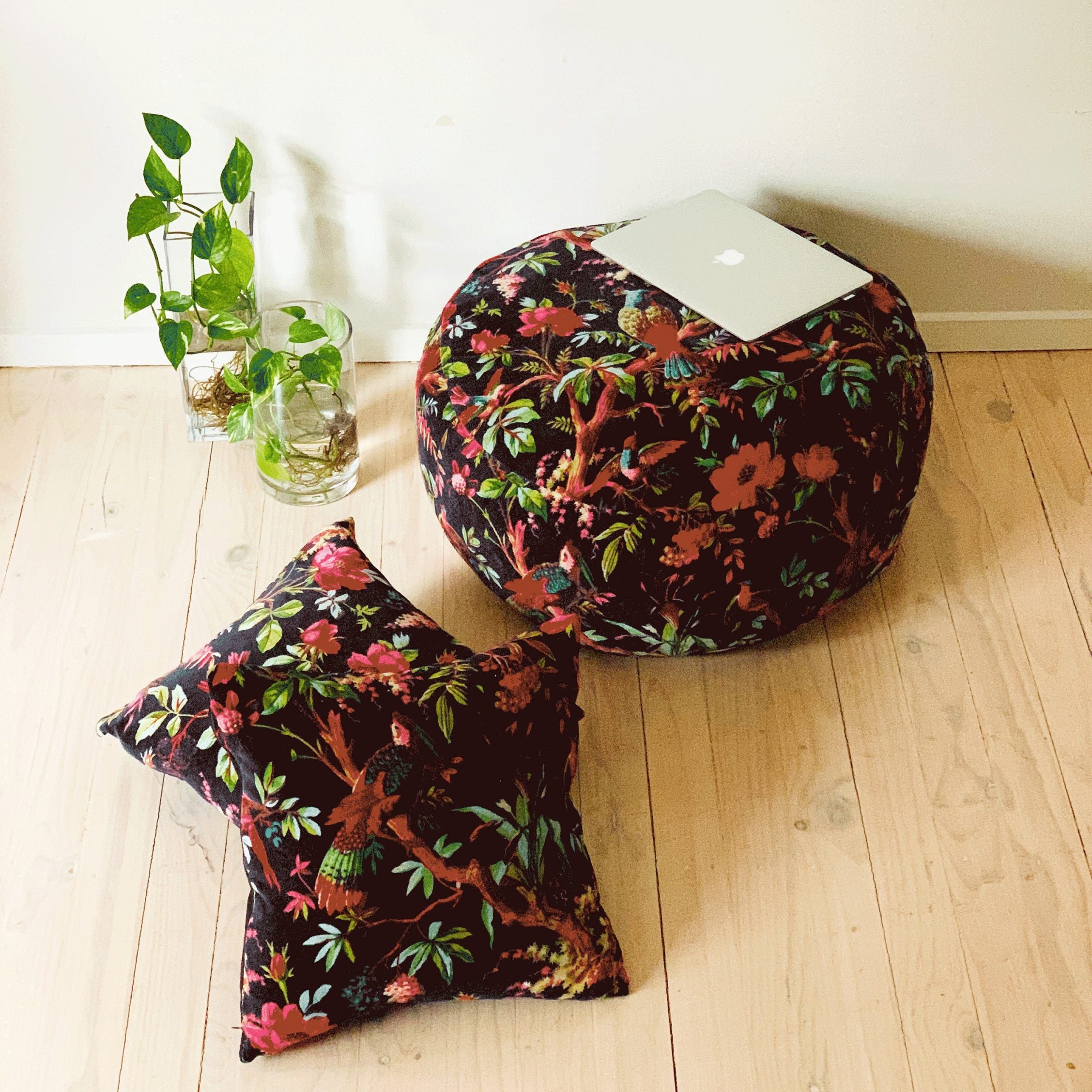 Bird & Floral Boho Floor Pouf | Decorative Ottoman Cushion