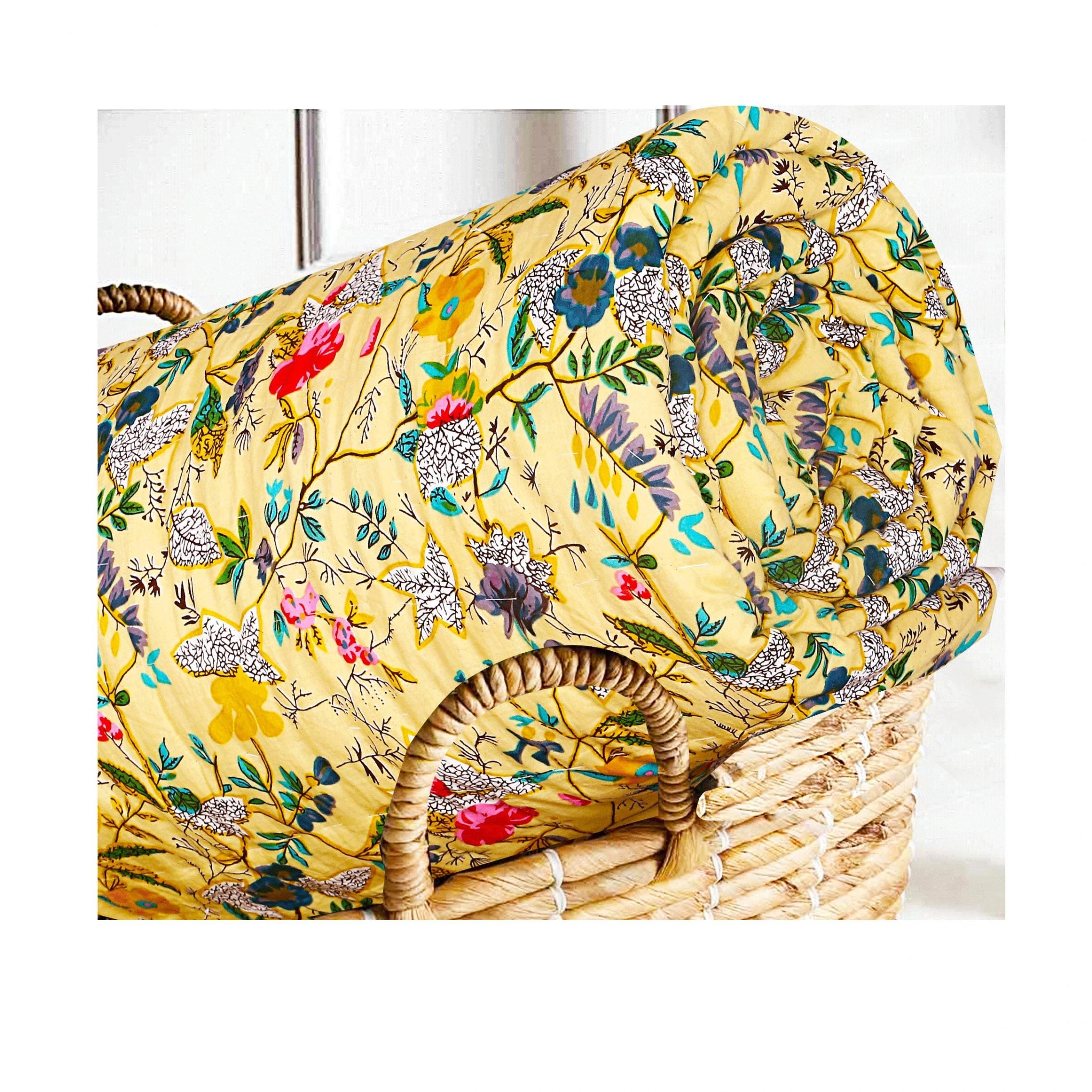 Linen Connections Kantha Quilt Blanket - Yellow Bird