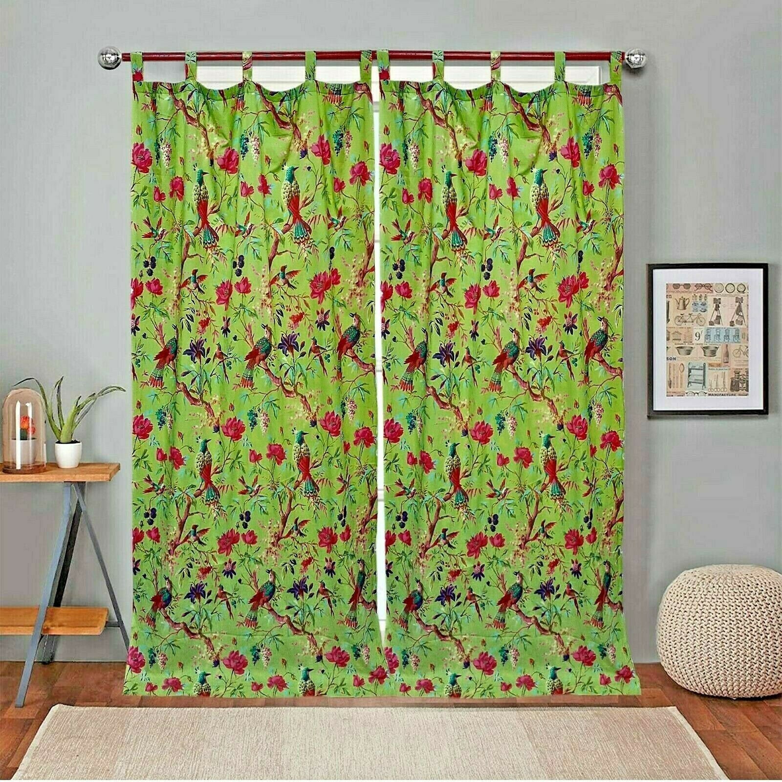 Frida Kahlo Cotton Curtains, Boho Curtains - Green