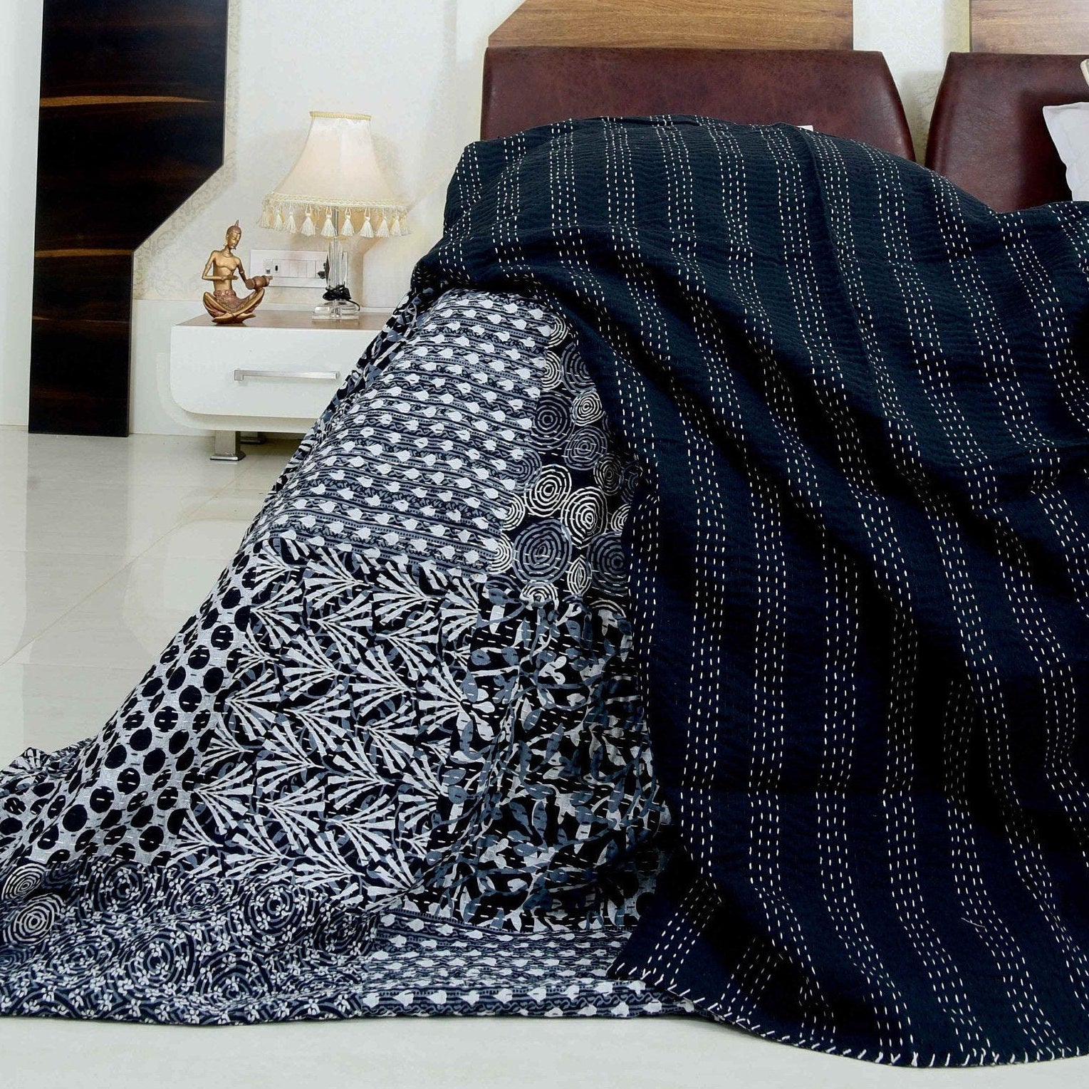 Linen Connections Handmade Indian Kantha Quilt - Blue Aurora
