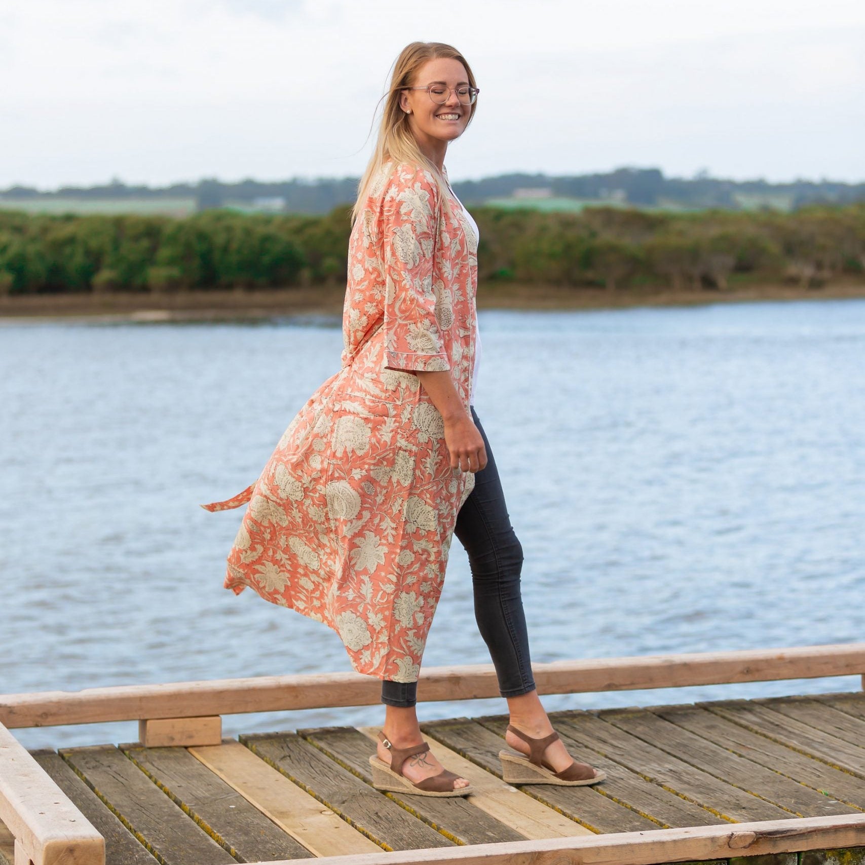 'Blushing Sunset Petal' Kimono' 100% Cotton Bathrobe