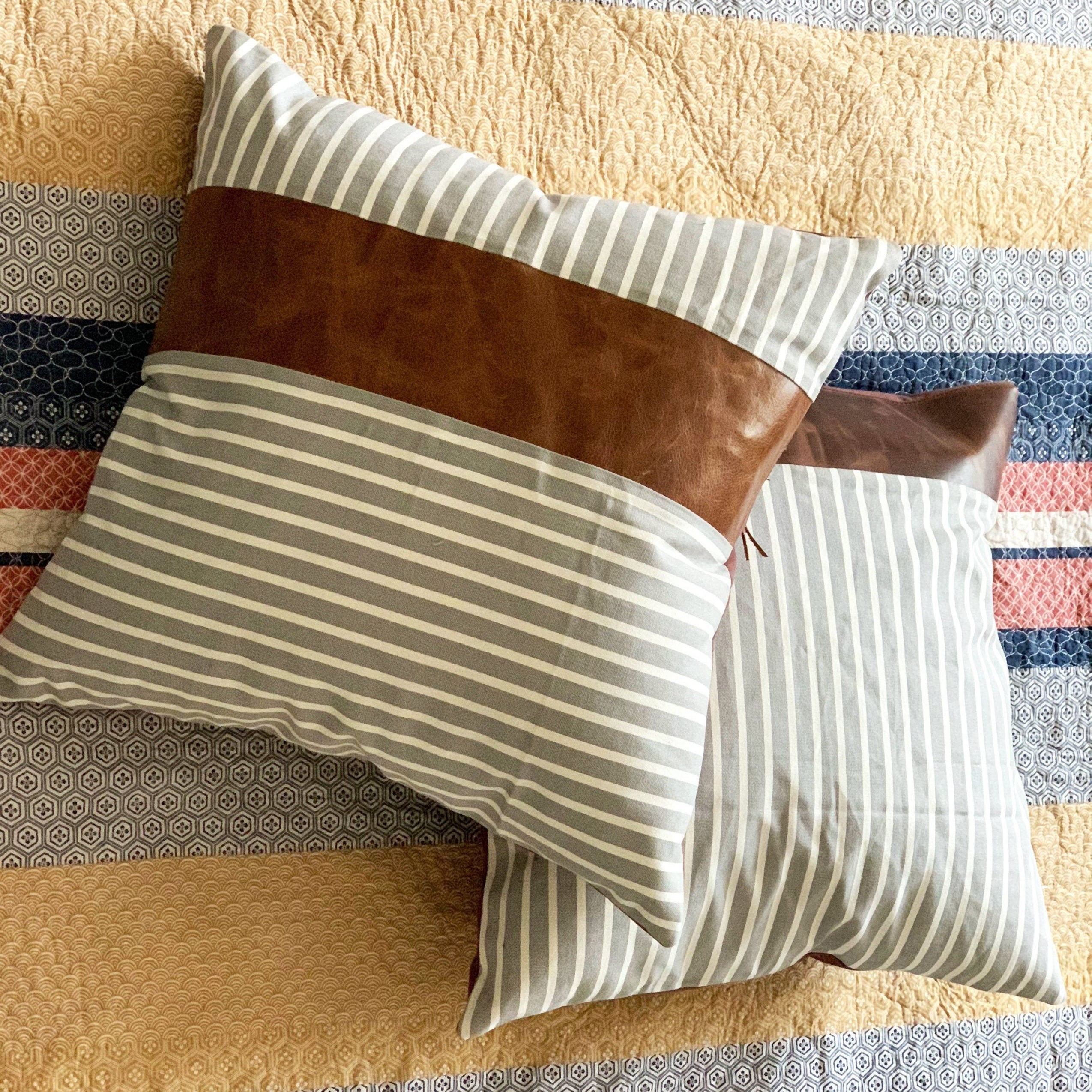 100% Tan Leather Cushion Cover - Grey lines
