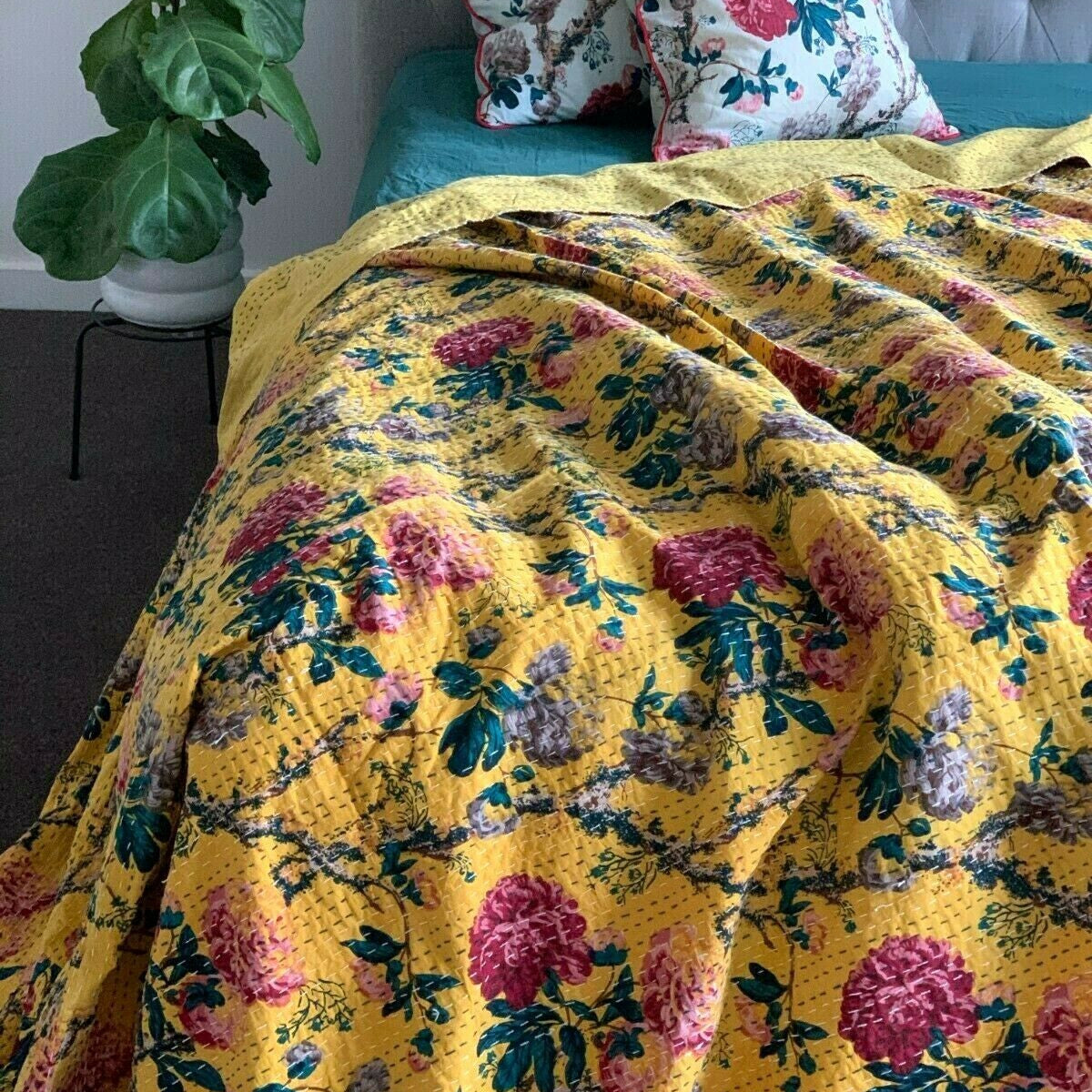 Vintage Indian Kantha Quilt Bedspread Mustard Rose