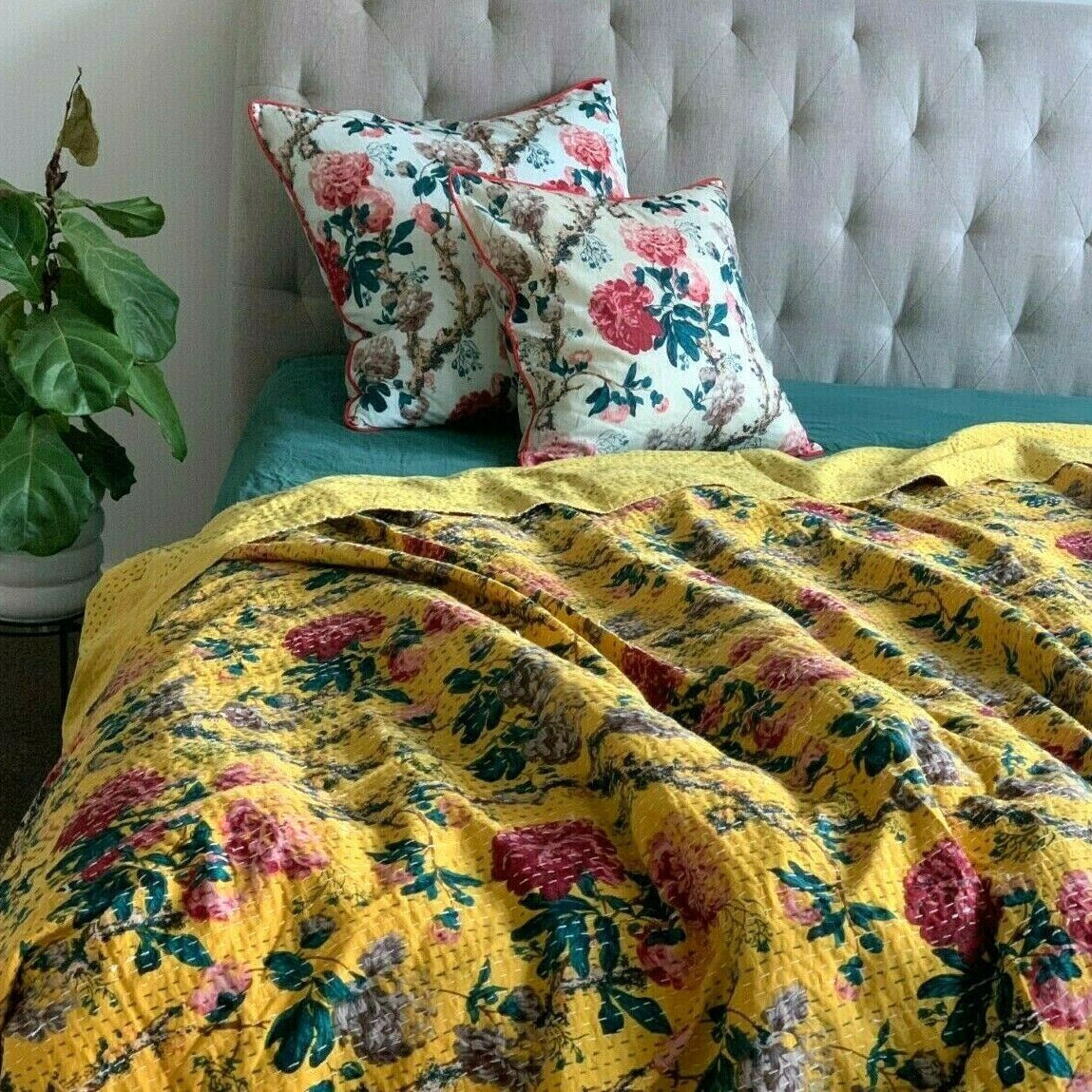 Vintage Indian Kantha Quilt Bedspread Mustard Rose
