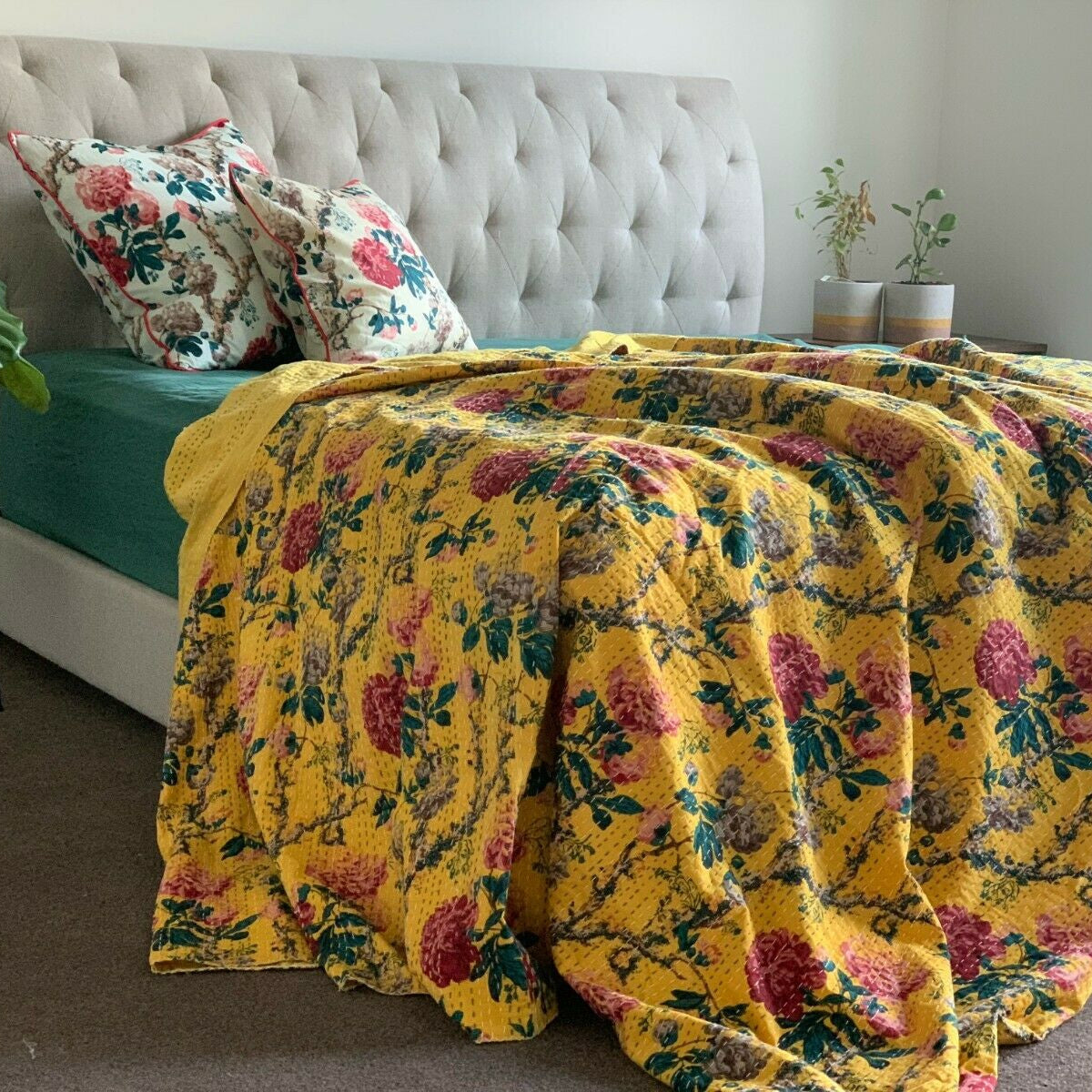 Vintage Indian Kantha Quilt Bedspread Mustard Rose