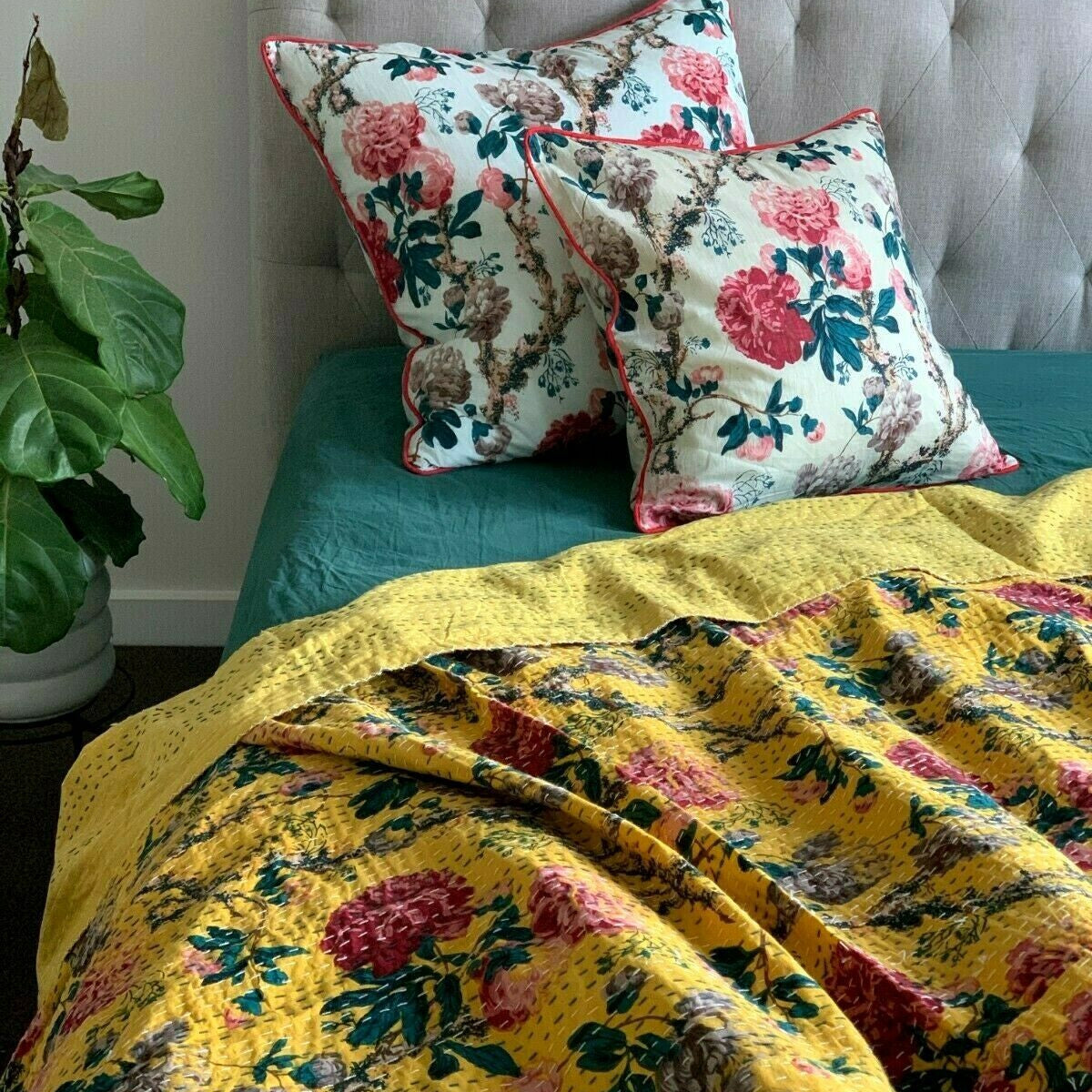 Vintage Indian Kantha Quilt Bedspread Mustard Rose