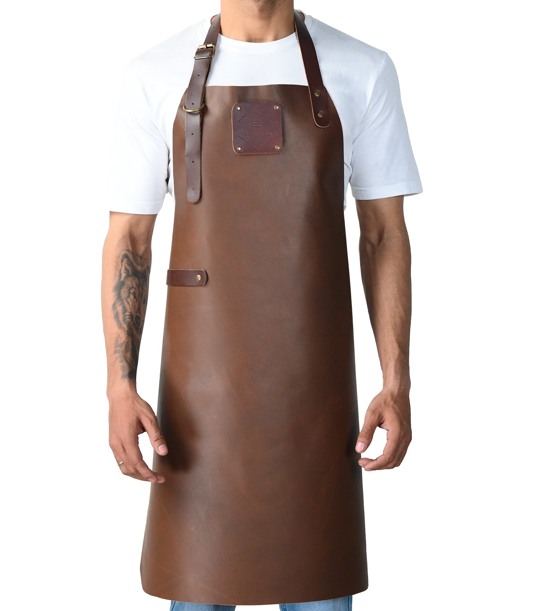 Adjustable strap leather apron in brown for kitchen, BBQ, and workshop