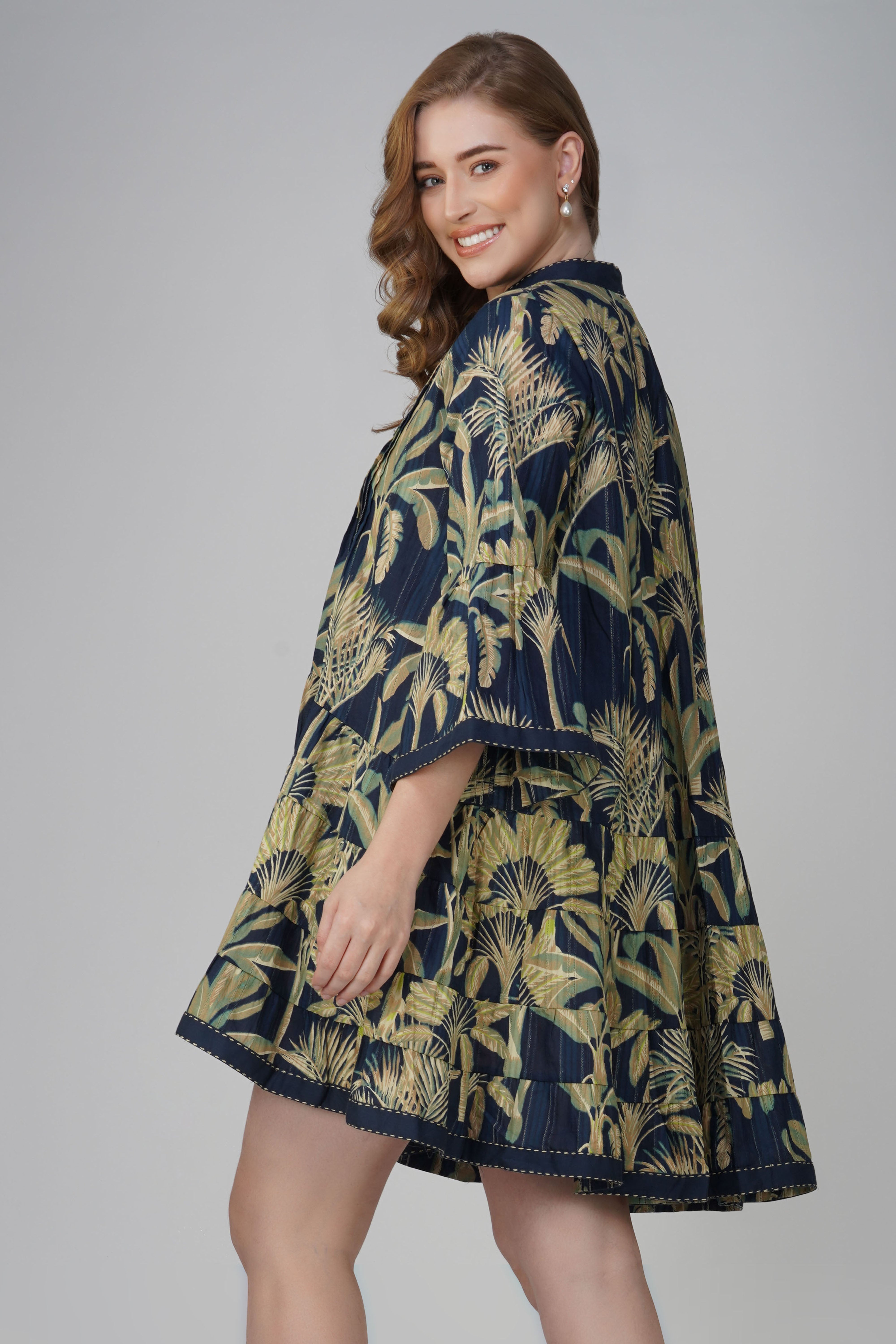 Palm Breeze Mini Dress – Tropical Cotton Tiered Shirt Dress