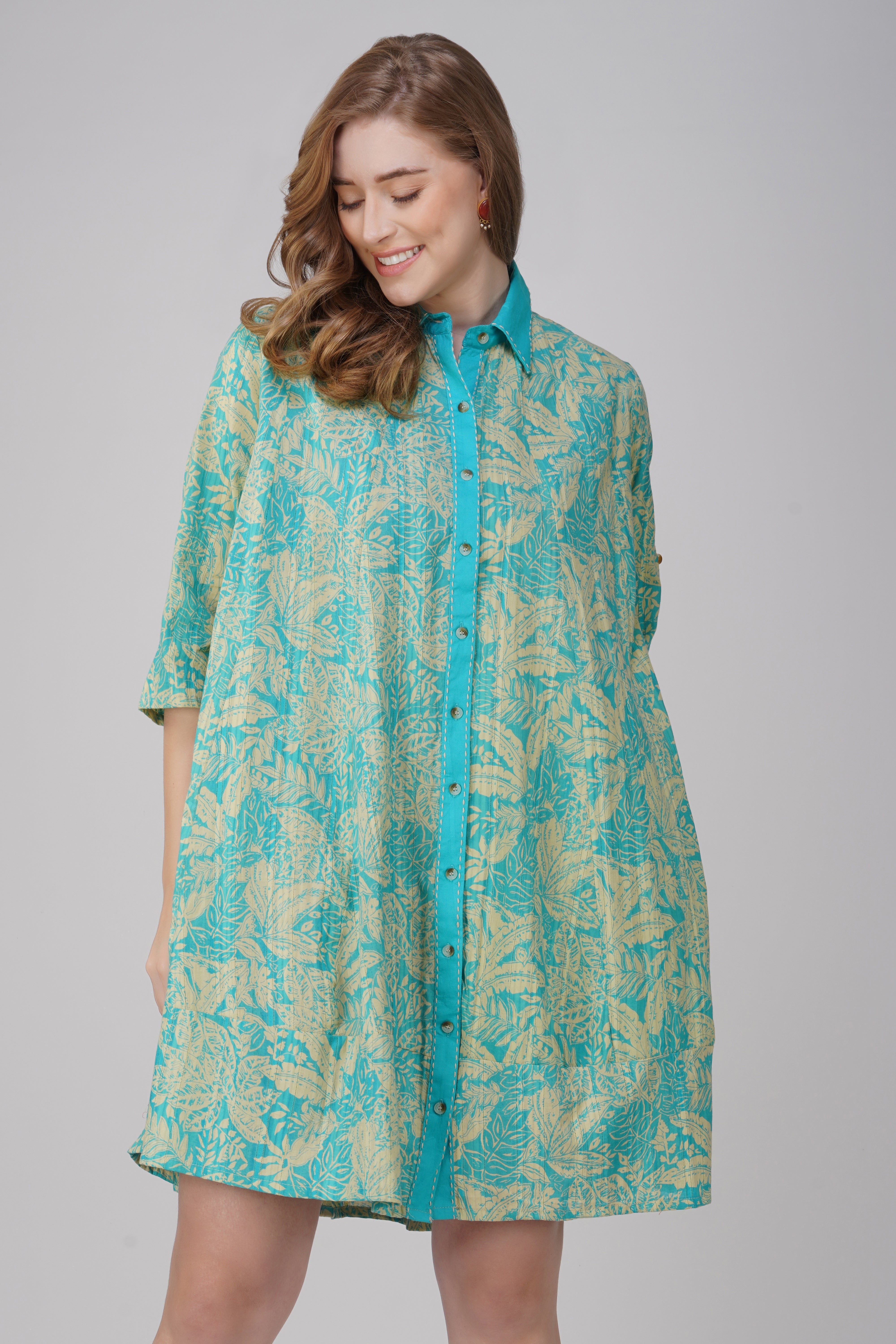 Aqua Bloom Breeze – Hand Block Printed Cotton Shirt Dress