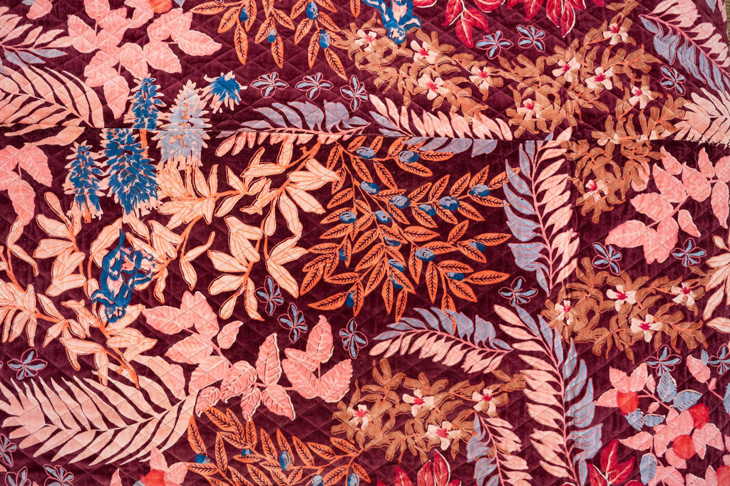 Luxury Cotton Velvet Embroidered Quilt – Autumn Garden in Rust & Wine