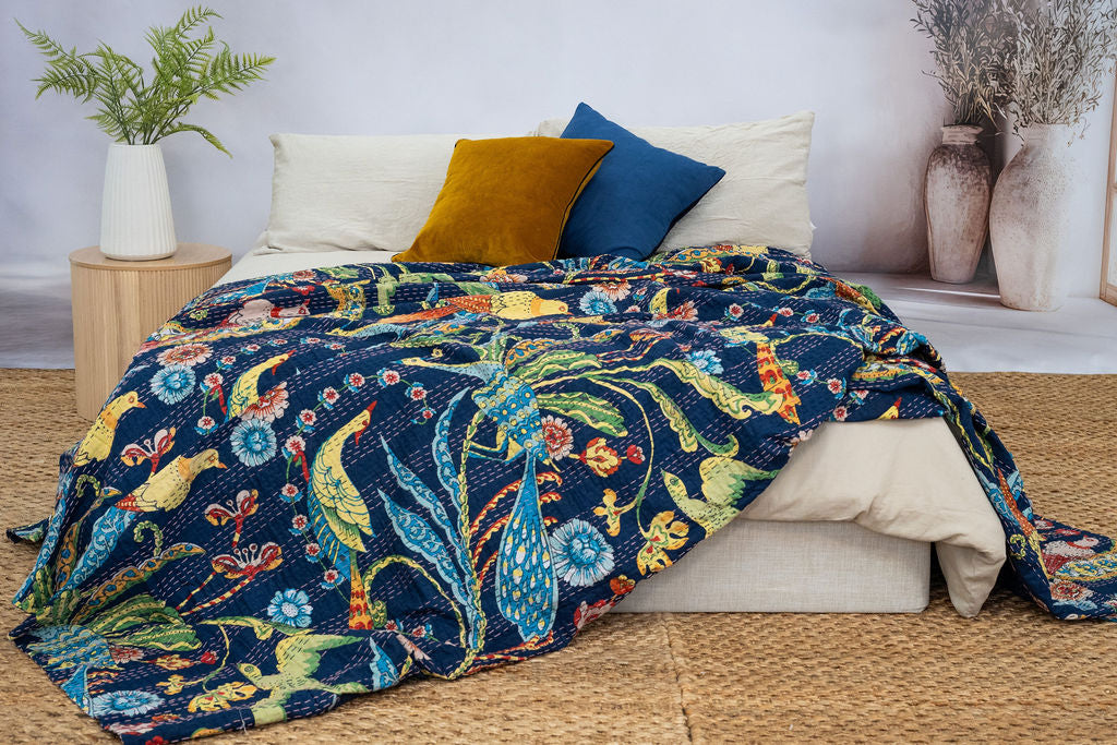 Linen Connections Handmade Indian Kantha Quilt - Navy Hues