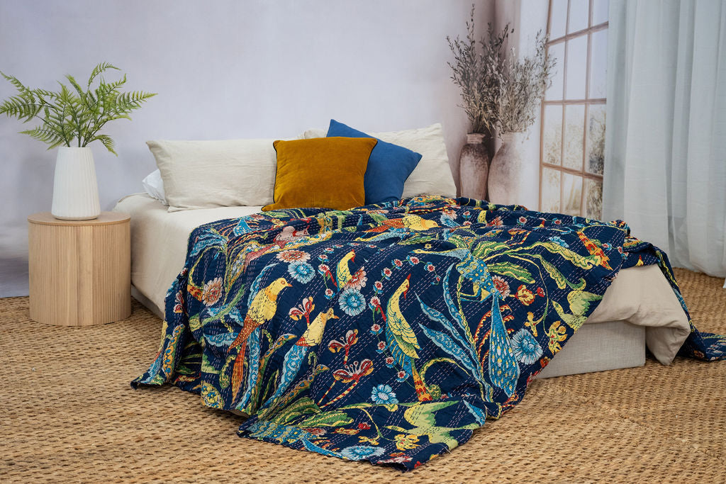 Linen Connections Handmade Indian Kantha Quilt - Navy Hues
