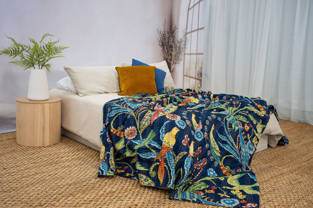 Linen Connections Handmade Indian Kantha Quilt - Navy Hues