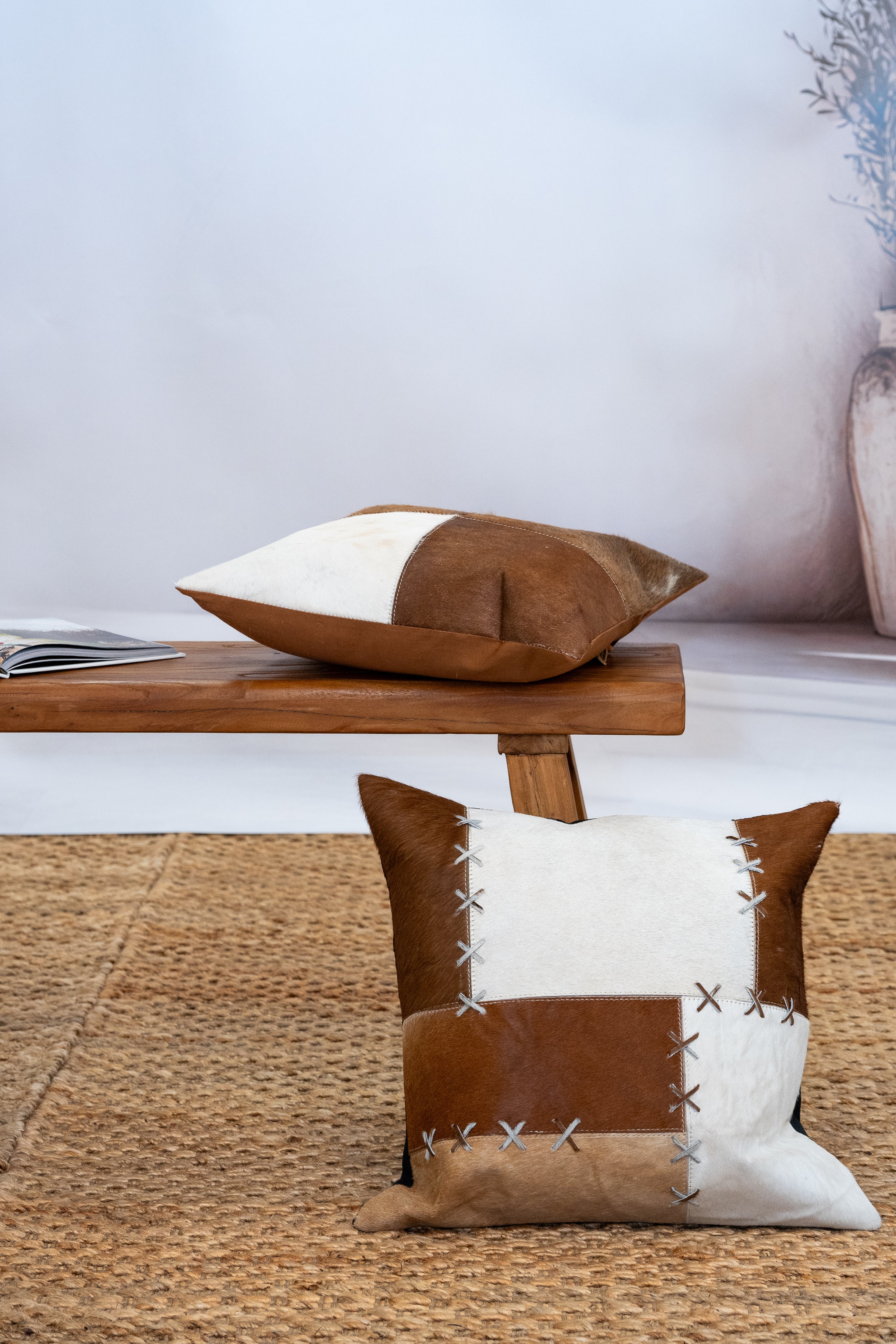 Luxe Handmade Cowhide Cushion - Rustic Patchwork 45x45