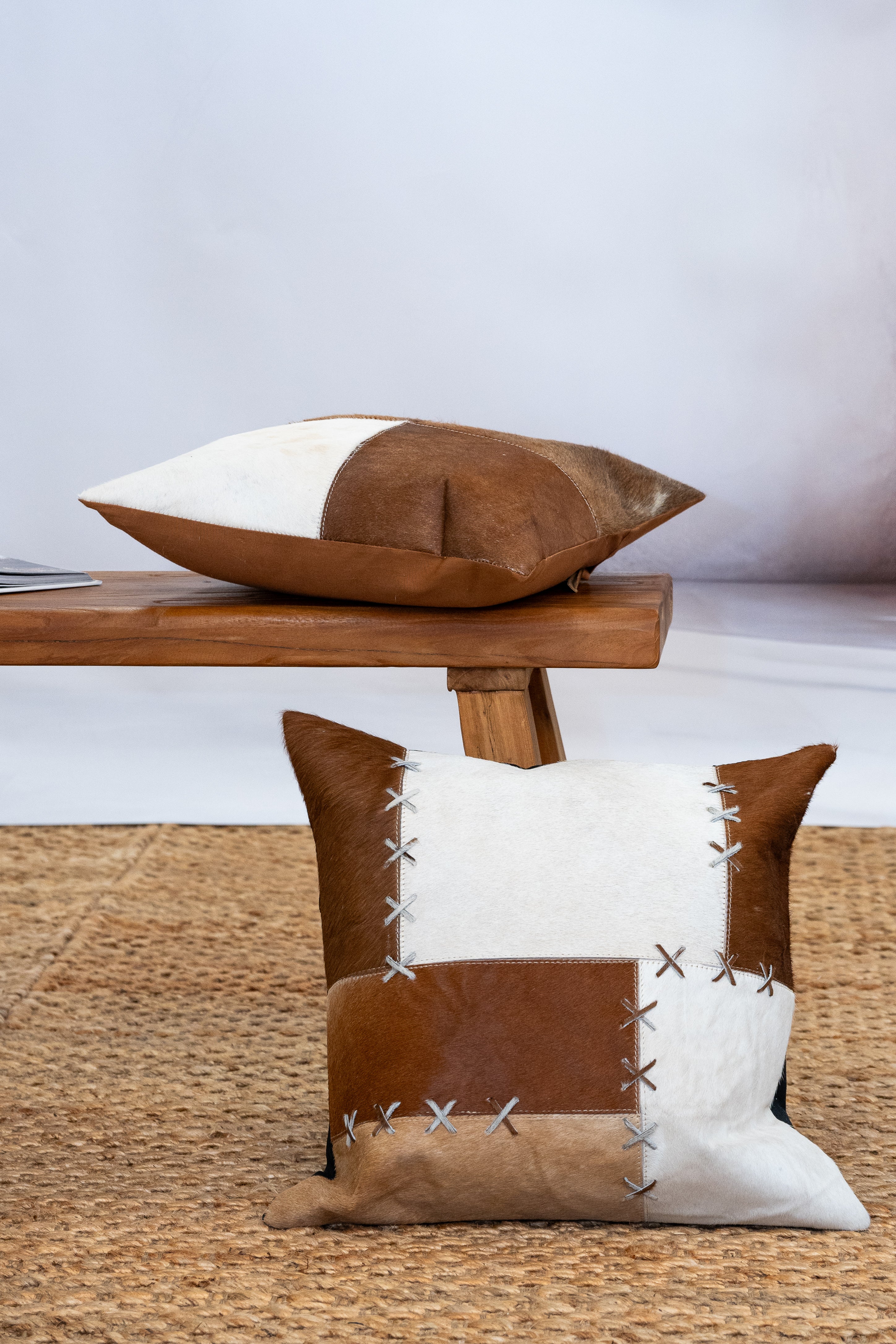 Luxe Handmade Cowhide Cushion - Rustic Patchwork 45x45