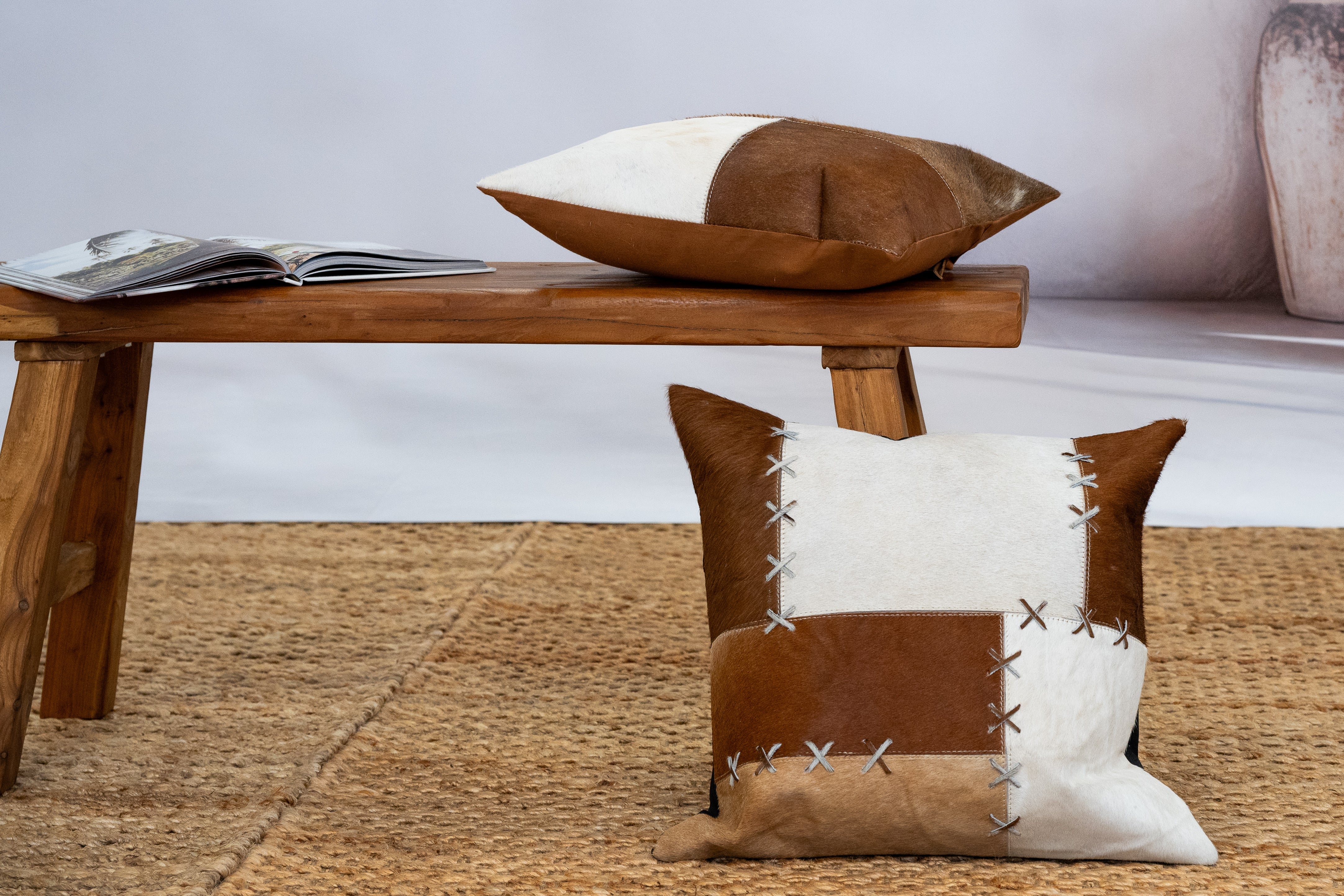 Luxe Handmade Cowhide Cushion - Rustic Patchwork 45x45