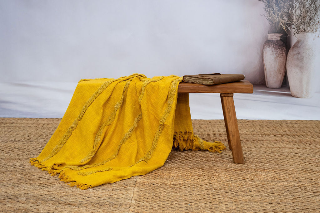 Golden Mustard Textured Cotton Throw – 125×175 cm | Handwoven Boho Blanket