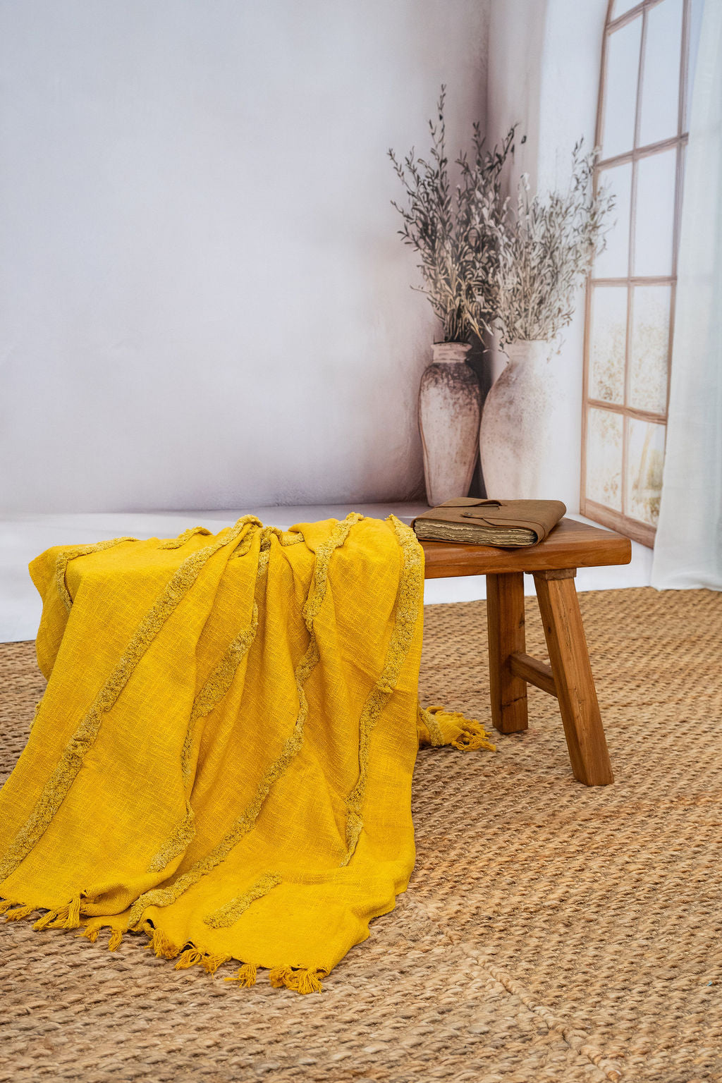Golden Mustard Textured Cotton Throw – 125×175 cm | Handwoven Boho Blanket