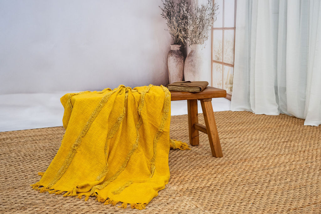 Golden Mustard Textured Cotton Throw – 125×175 cm | Handwoven Boho Blanket