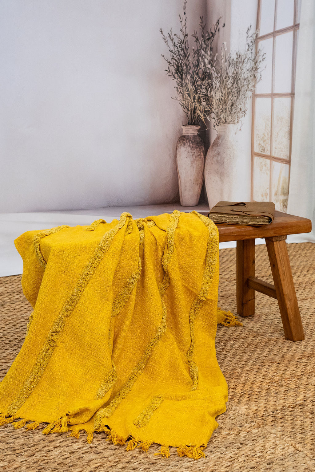 Golden Mustard Textured Cotton Throw – 125×175 cm | Handwoven Boho Blanket