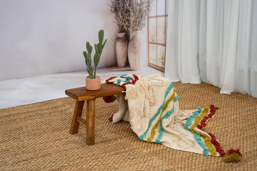 Handwoven Cotton Throw Blanket - 125x175cm | Boho Textured Design with Tassels