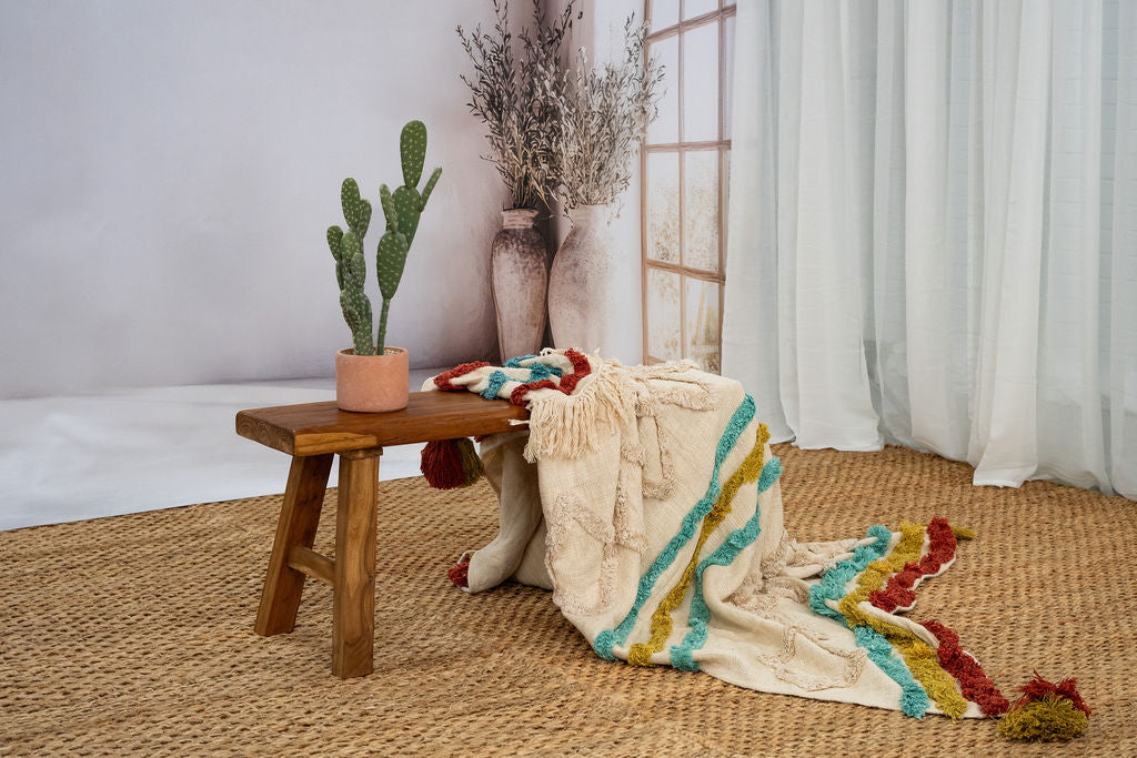 Handwoven Cotton Throw Blanket - 125x175cm | Boho Textured Design with Tassels