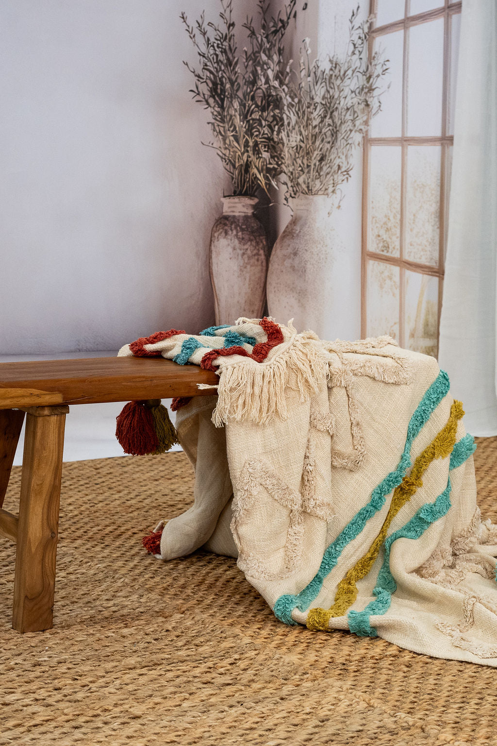Handwoven Cotton Throw Blanket - 125x175cm | Boho Textured Design with Tassels