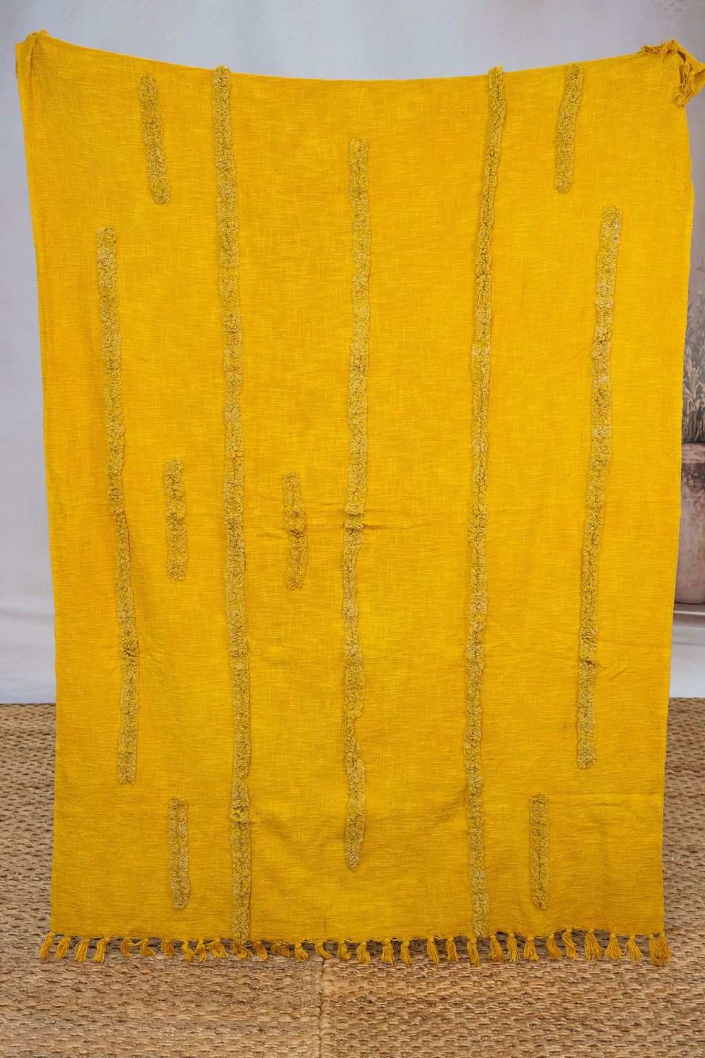 Golden Mustard Textured Cotton Throw – 125×175 cm | Handwoven Boho Blanket