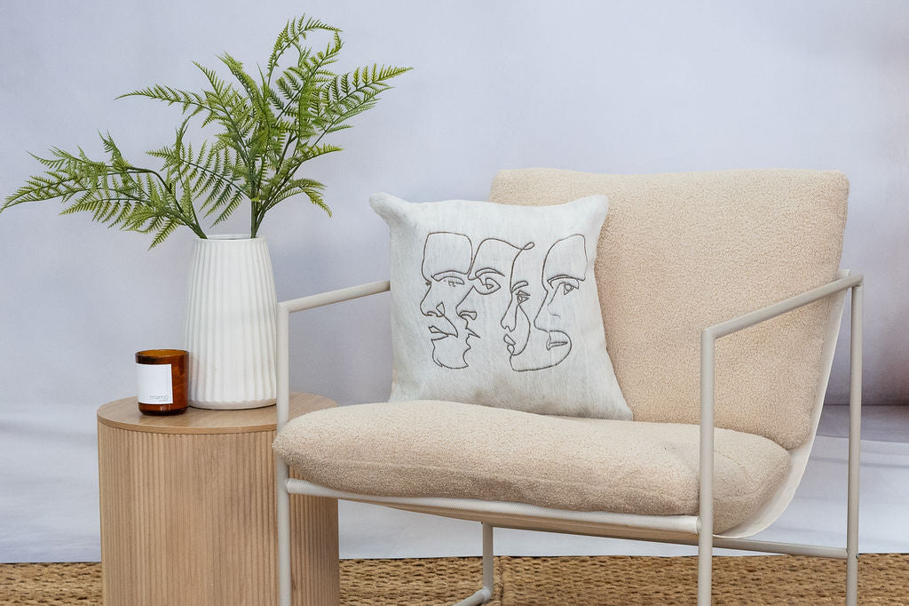 Abstract Face Cowhide Leather Cushion - Handmade Cover