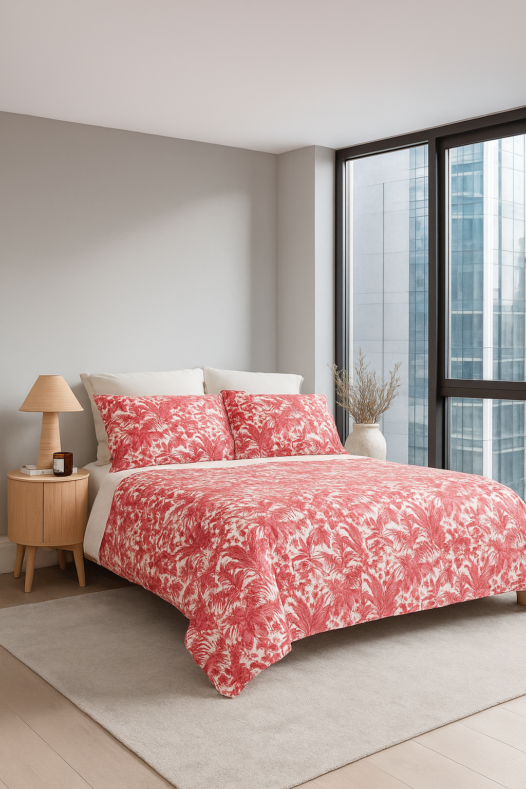 Bedroom with a bed covered in red floral bedding, nightstand, and lamp.