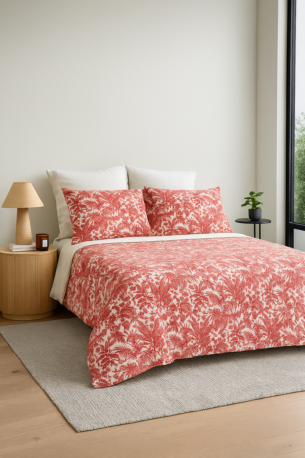 Bed with red floral duvet cover and white pillows in a bedroom setting.