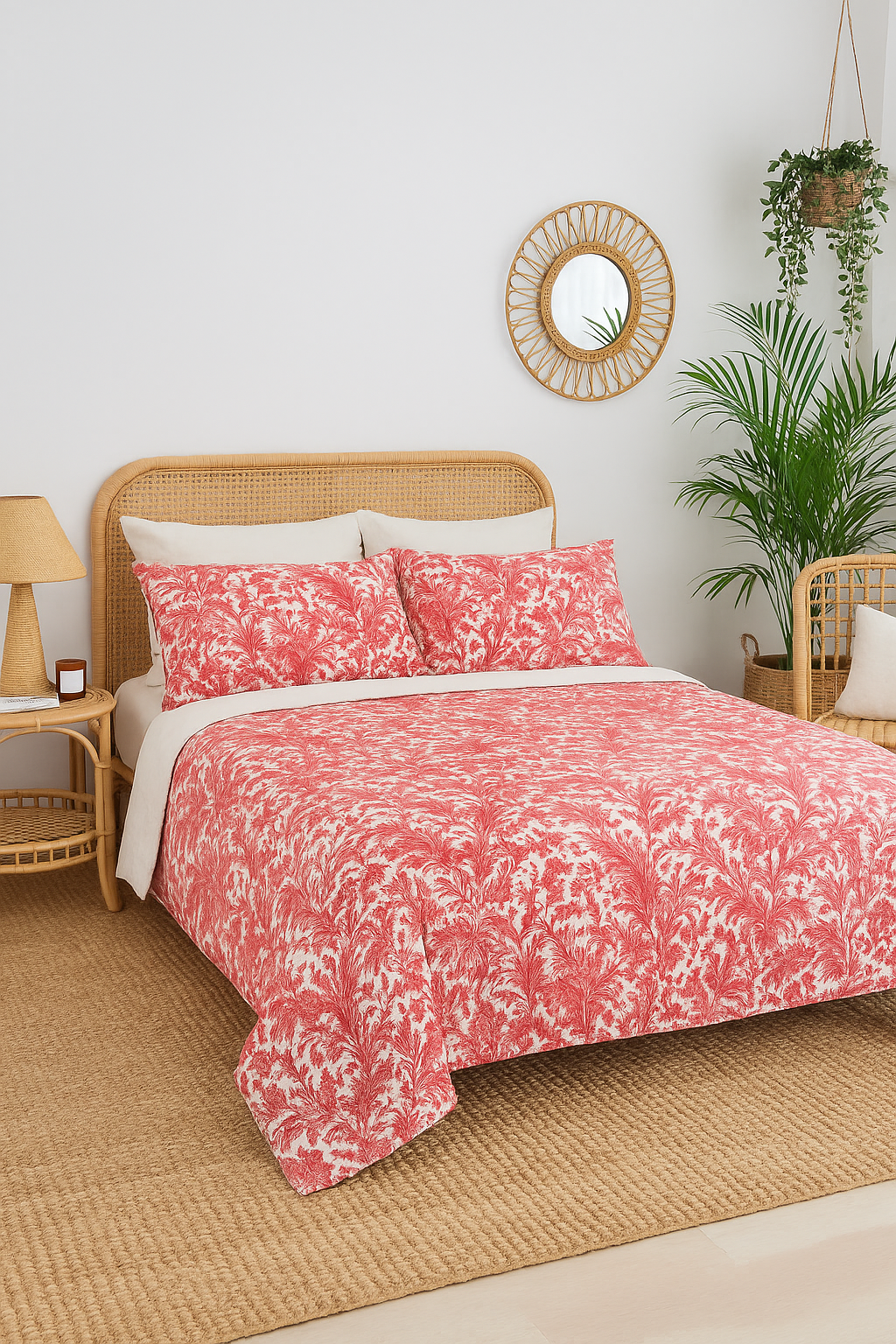 Bedroom with pink floral bedding and wicker furniture.