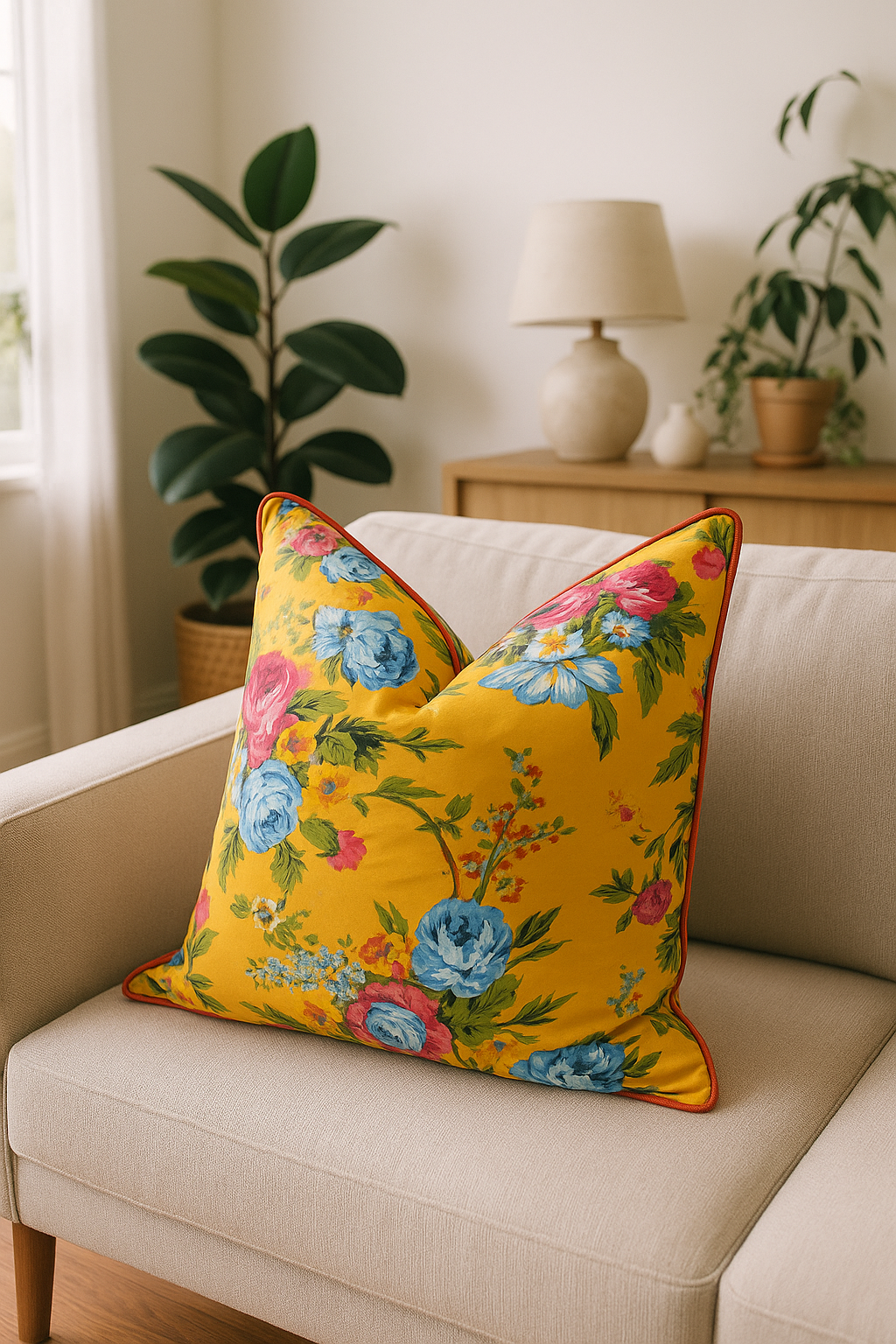 Yellow Floral Cotton Cushion Cover - Handmade | Linen Connections