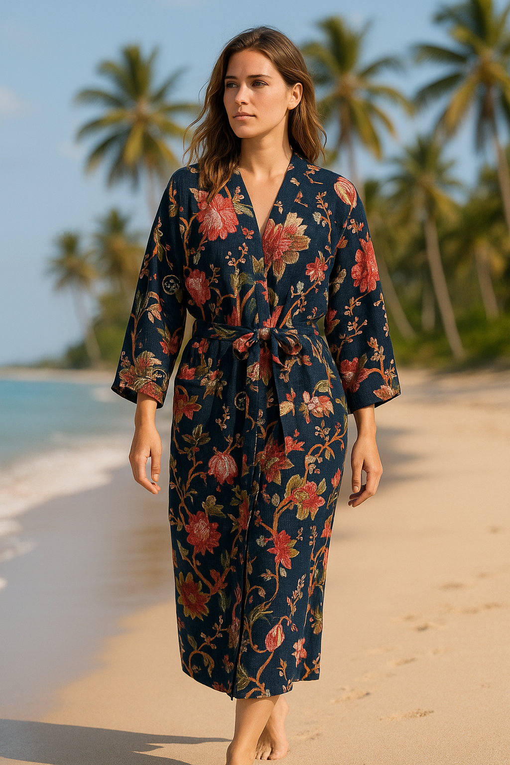 Midnight Bloom Waffle Cotton Kimono Robe – Navy Floral