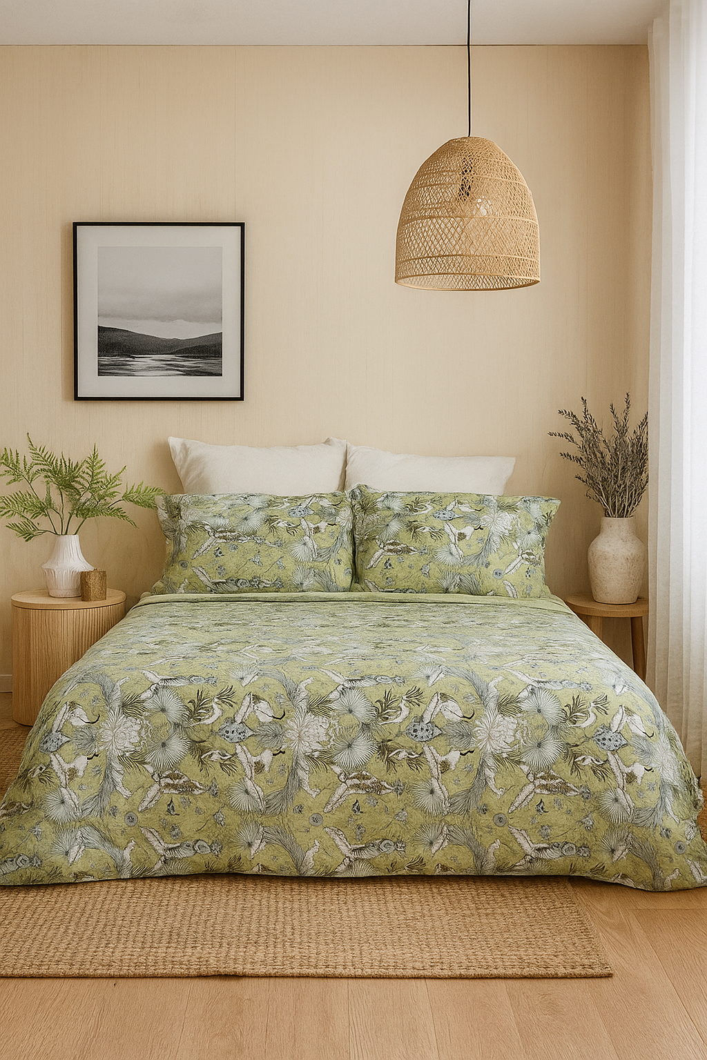 Green Botanical Print Cotton Quilt Set – Hand Screen-Printed, Reversible, Queen/King Size
