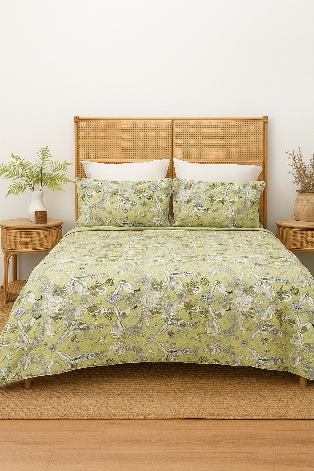 Green Botanical Print Cotton Quilt Set – Hand Screen-Printed, Reversible, Queen/King Size