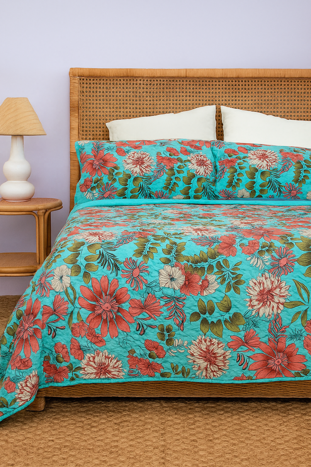 Turquoise Bloom Hand-Quilted Cotton Bedspread Set – King Size