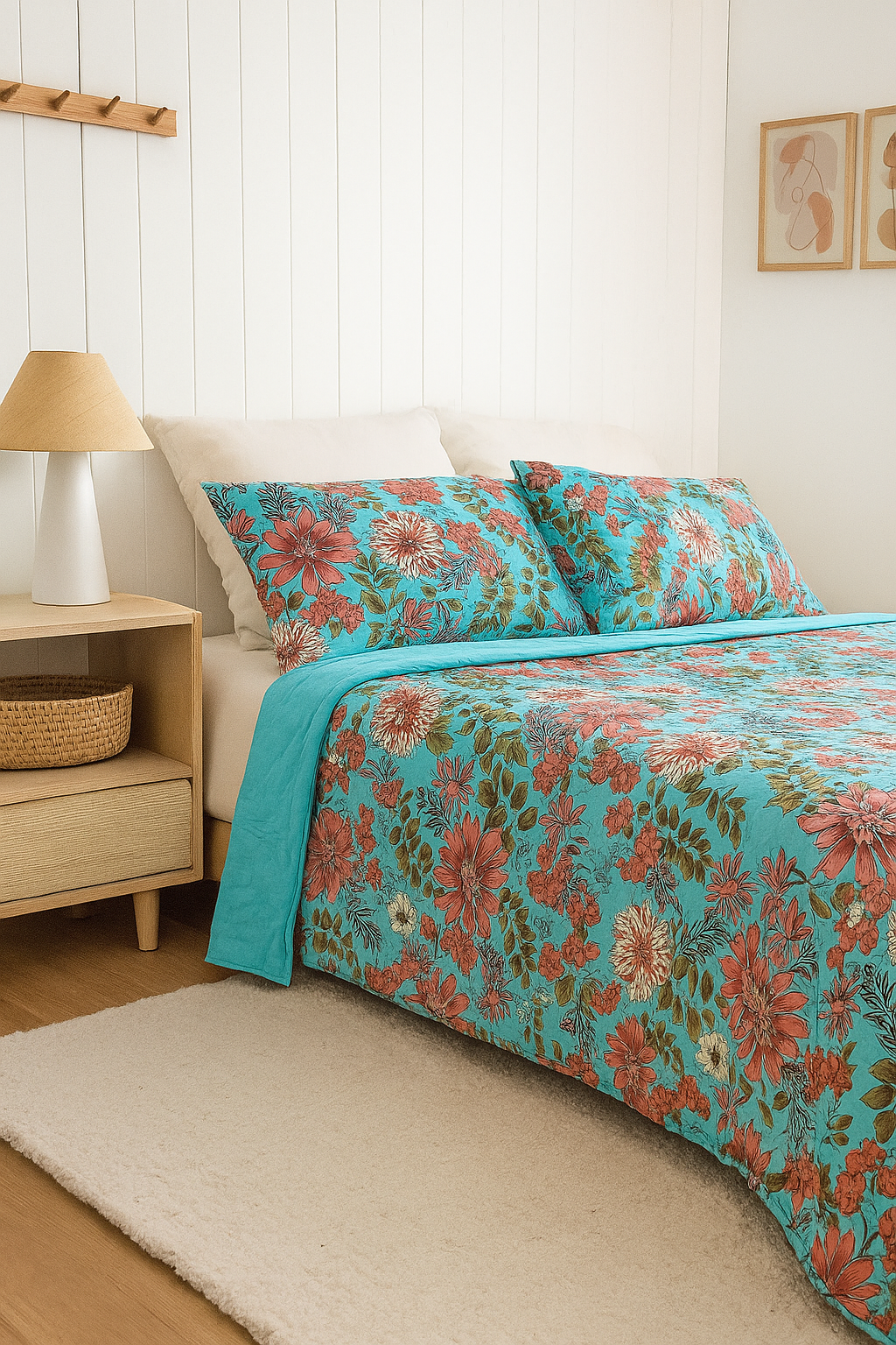 Turquoise Bloom Hand-Quilted Cotton Bedspread Set – King Size