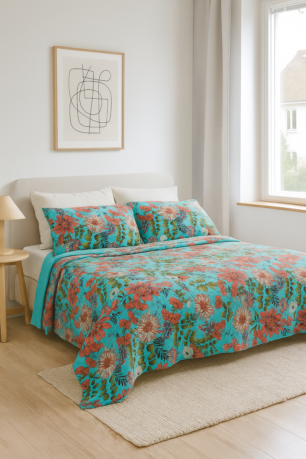 Turquoise Bloom Hand-Quilted Cotton Bedspread Set – King Size