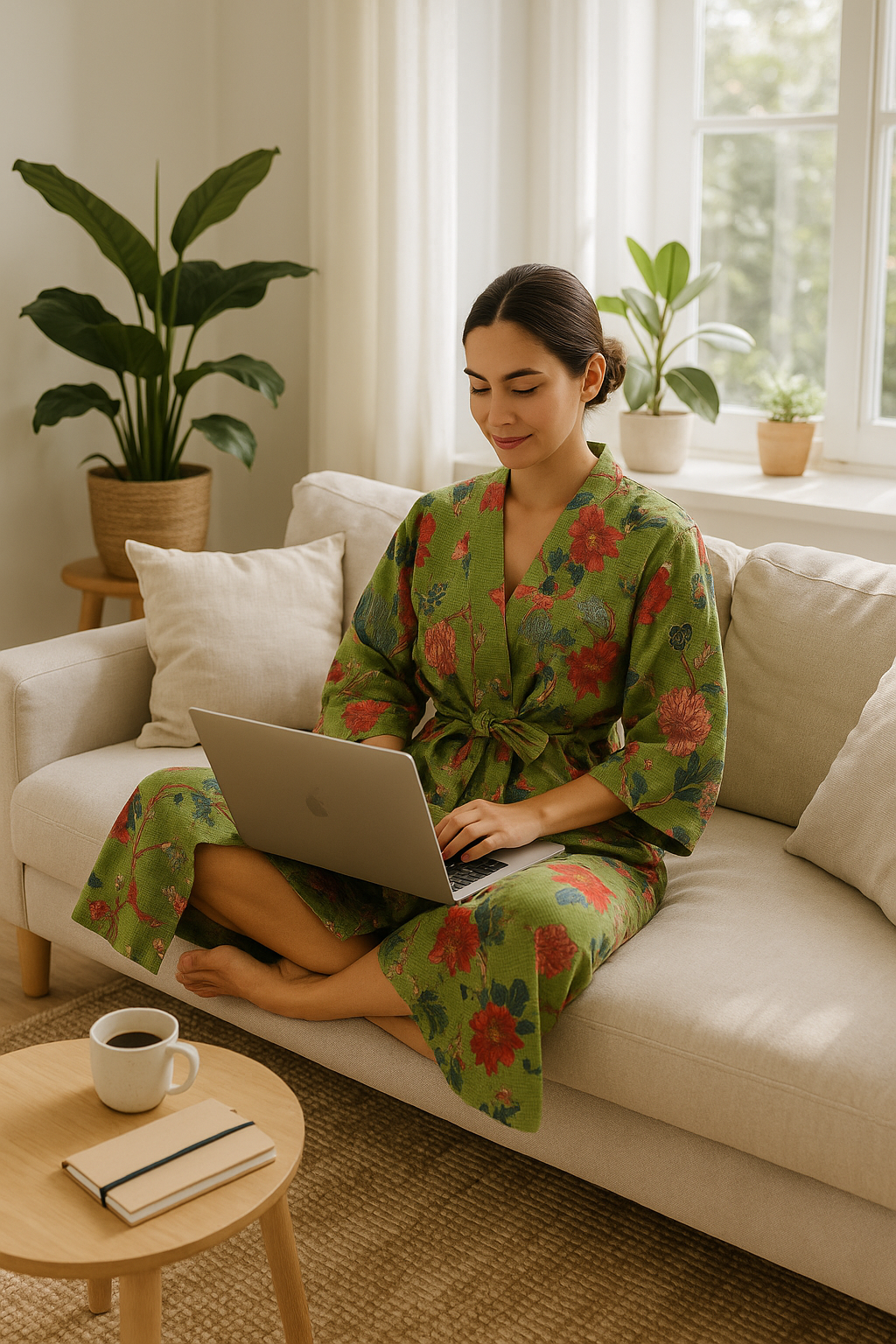 Sitting Robe Green Floral Waffle Cotton Kimono Robe | Linen Connections Australia
