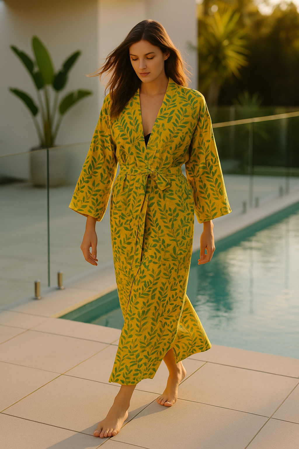Botanical Yellow Waffle Cotton Kimono Robe – Yellow Leaf