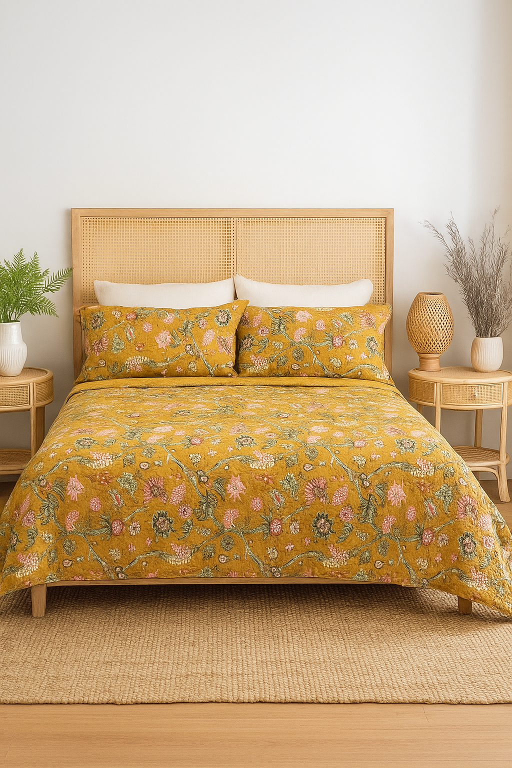 Vintage Mustard Floral Cotton Quilt Set – 210x250cm | Linen Connections