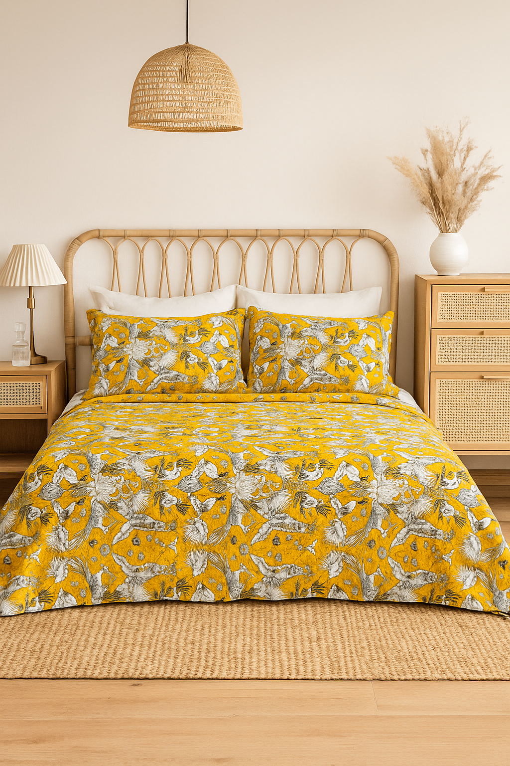 Golden Bloom Bird Print Cotton Quilt Set – 210x250cm | Linen Connections